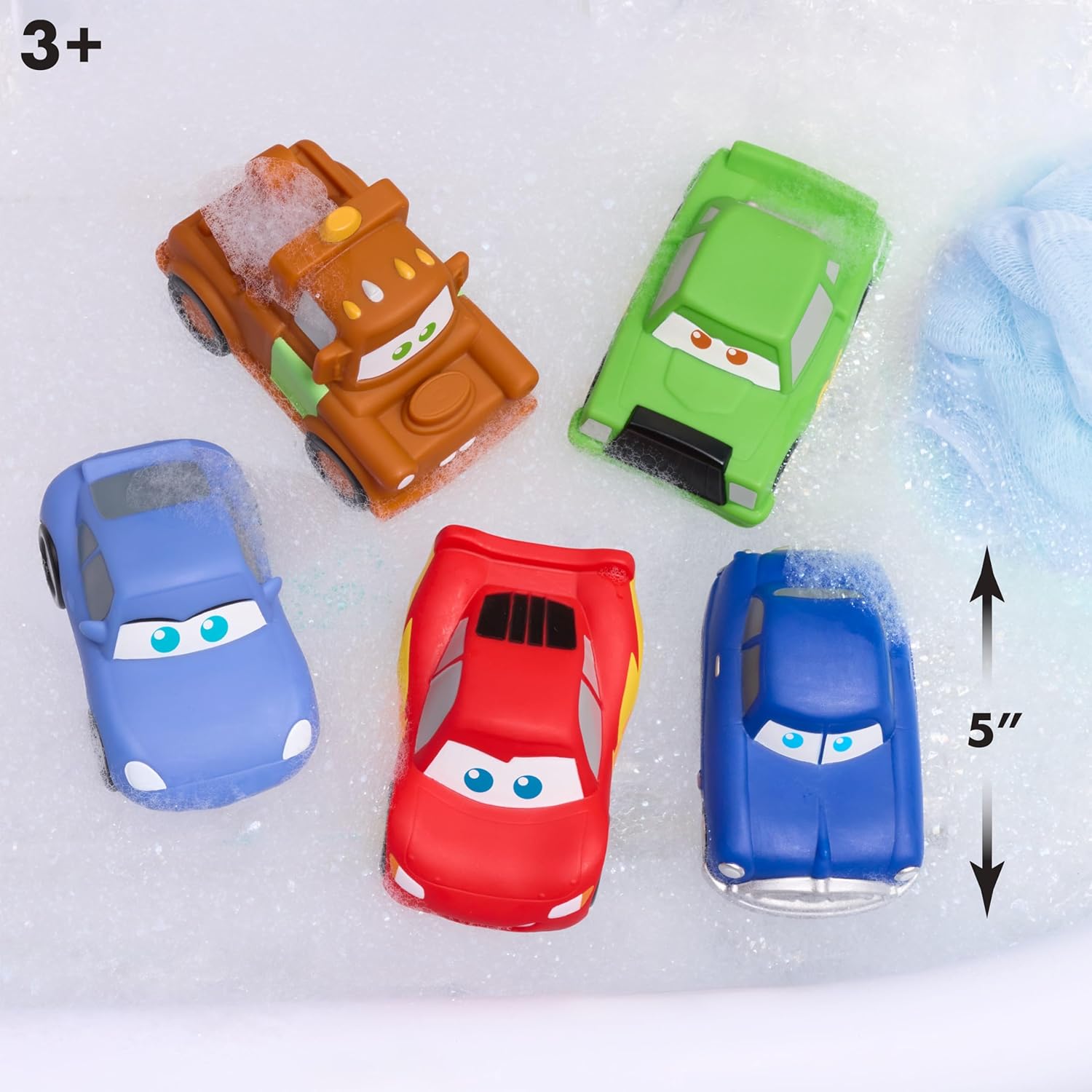 Disney and Pixar Cars Bath Caddy, 6-pieces, 5 Bath Toy Figures Sealed for Safety, Attaches to Wall, Bath Toy for Fans, Girls, Boys, Kids, Ages 3 and Up
