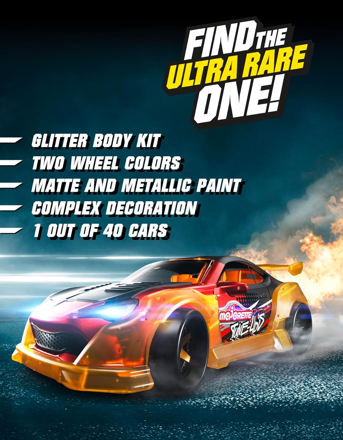 Majorette Tune Ups Series 1 – 4-Piece Metal Car Surprise Pack with 28 Tuning Accessories, Collectible Cars with Freewheel, Suspension, and Opening Parts, Ages 5+