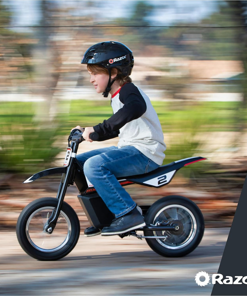 دراجة Razor MX125 Dirt Rocket الكهربائية للأطفال من سن 7 سنوات فما فوق، محرك عزم دوران عالي 100 واط، دفع خلفي، سرعات تصل إلى 8 أميال في الساعة، وقت تشغيل 40 دقيقة، لون أسود