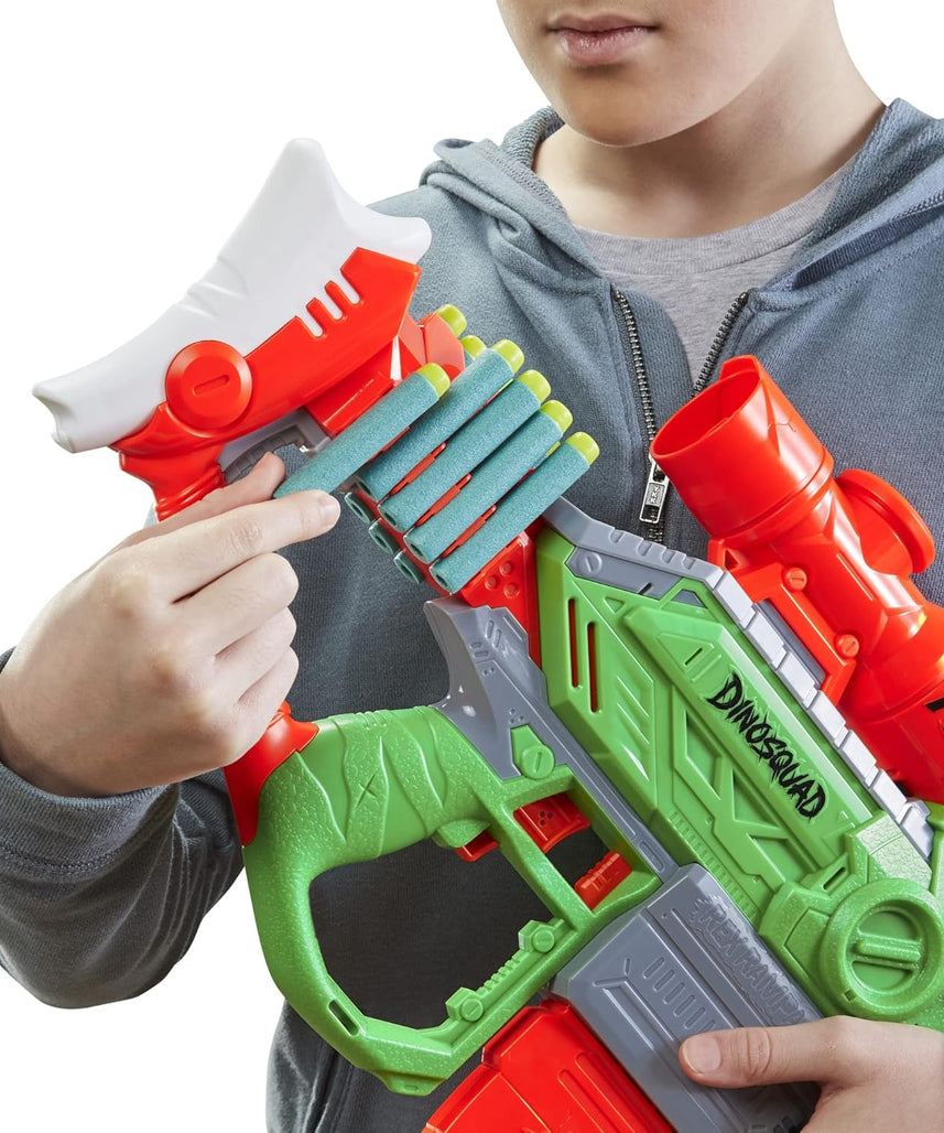 مسدس سهام نيرف دينو سكواد ريكس-رامبيج الآلي، مشبك سهام بعشرة سهام، ٢٠ سهم نيرف رسمي، تخزين لعشرة سهام، تصميم ديناصور تي ريكس، متعدد الألوان