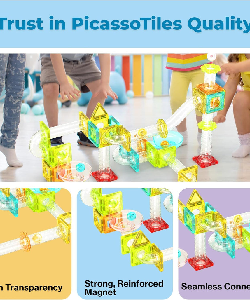 PicassoTiles Magnet Tiles Building Block Travel Size Magnetic Marble Run Construction Toy Set Mini Diamond Marble RaceTrack 45 pc Building Blocks Playset Education STEM Learning Kit Boy Girl 3+ PTMG45
