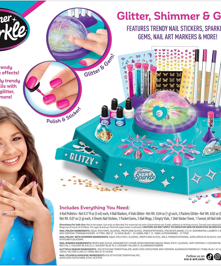 Cra-Z-Art Shimmer N Sparkle Design N Dazzle Nail Art Studio, DIY Nail Art Kit, Color Changing Glitter Dome, Nail Polish, Sequins, Stickers & Accessories, Creative Beauty Set for Kids Ages 6+