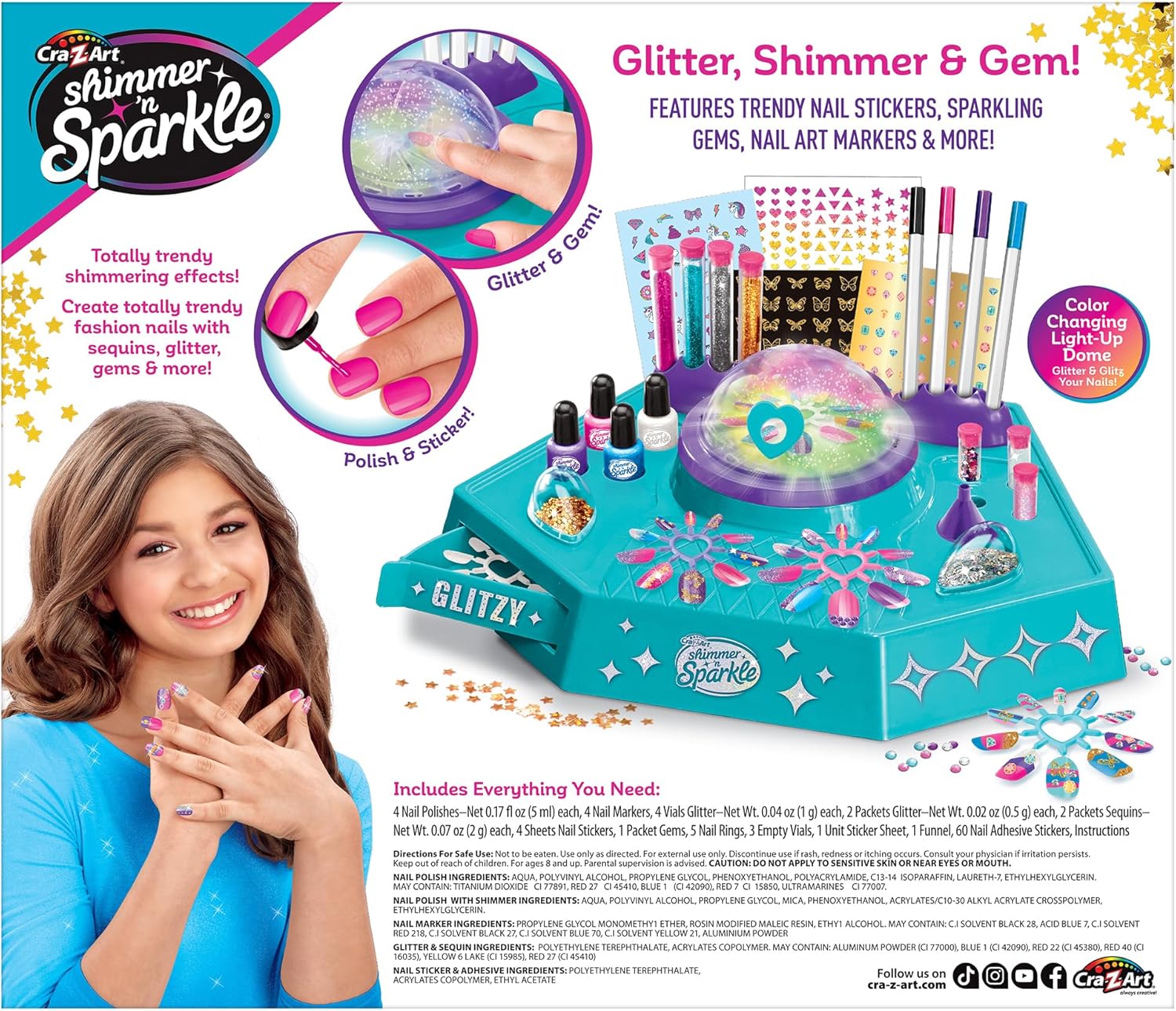 Cra-Z-Art Shimmer N Sparkle Design N Dazzle Nail Art Studio, DIY Nail Art Kit, Color Changing Glitter Dome, Nail Polish, Sequins, Stickers & Accessories, Creative Beauty Set for Kids Ages 6+