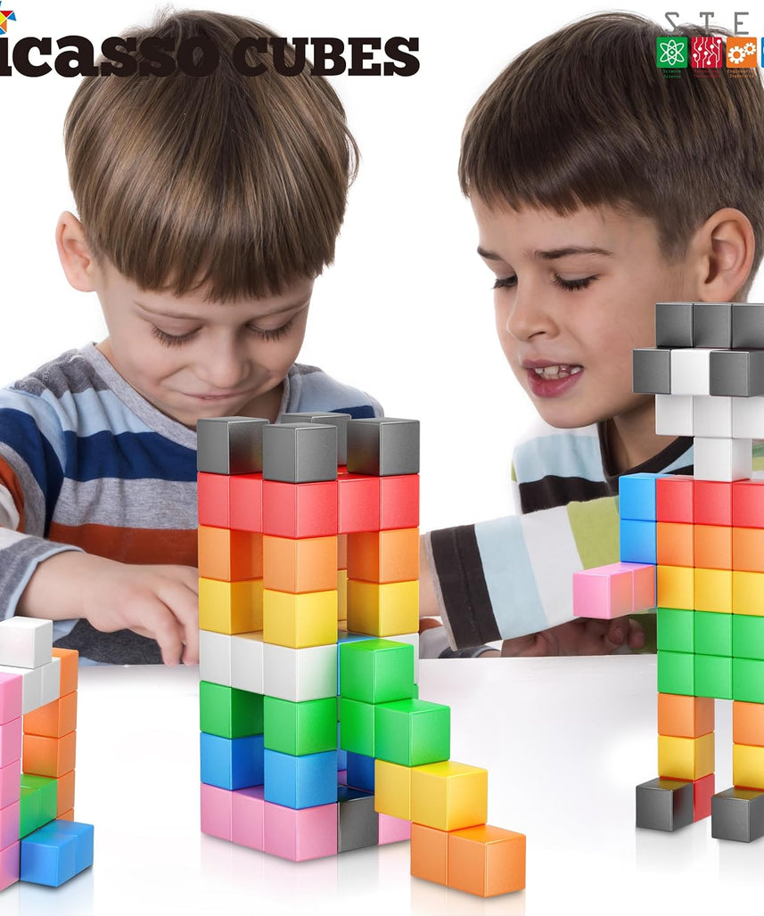 PicassoTiles Magnet Cube Building Blocks 54 Pieces 1.2" 3CM Magnetic Cubes Toy Construction Building Educational Sensory Toys with Idea Booklet for School & Preschool Kids Boys Girls Toddlers PMC301