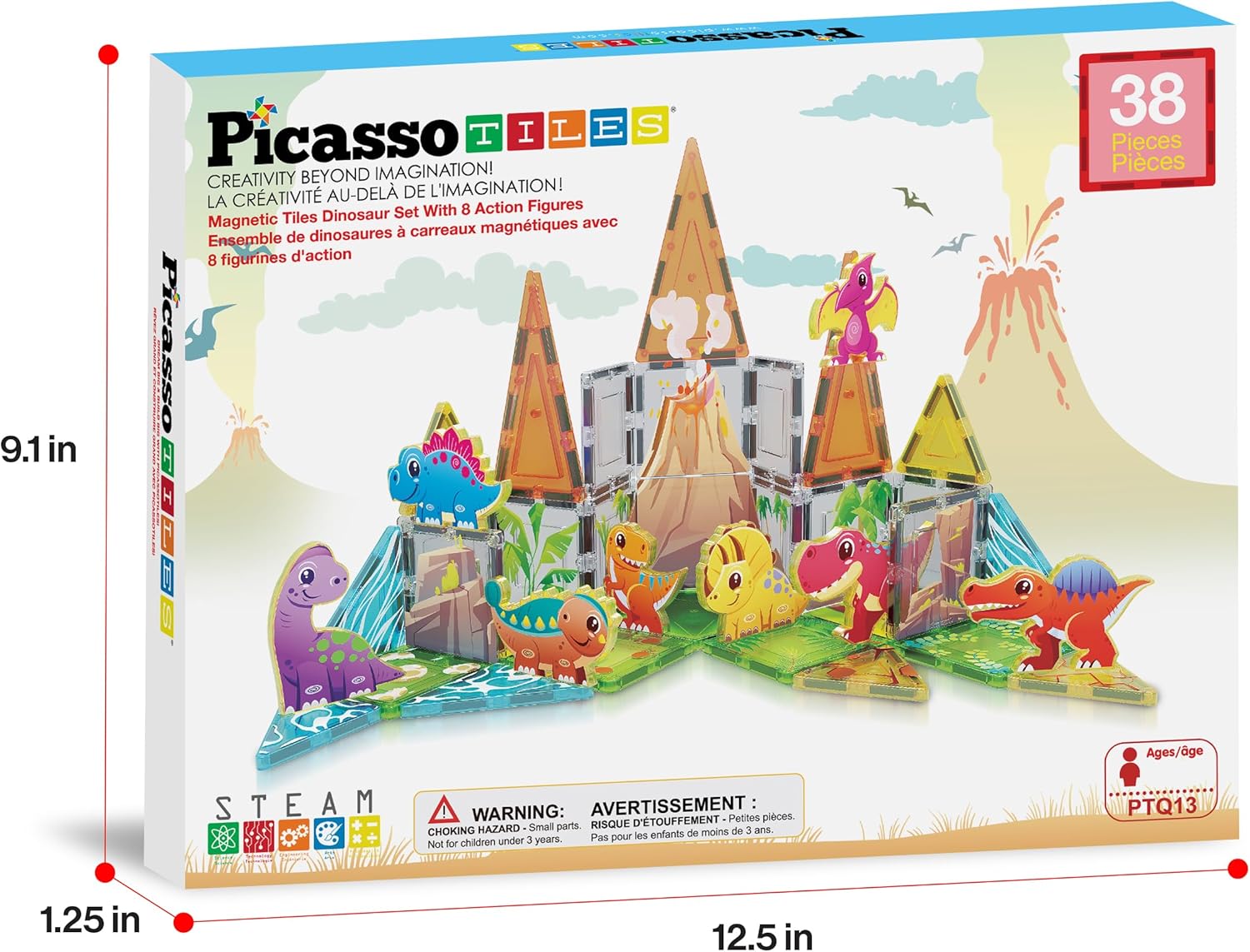 PicassoTiles 38pc Magnet Tiles Building Blocks Dinosaur Theme Set with 8 Magnetized Action Figures Magnetic Construction Build and Play Toys with Magnets STEM Learning Activities for Toddlers 3+ PTQ13