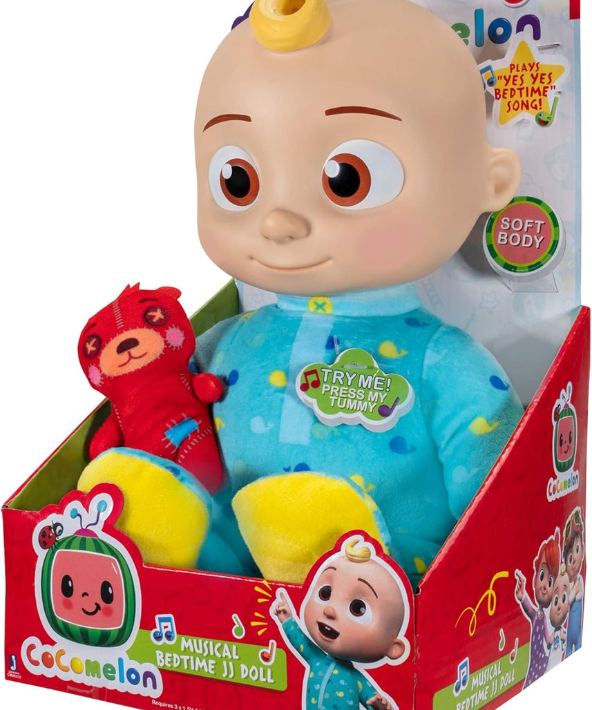 CoComelon Official Musical Bedtime JJ Doll, Soft Plush Baby Toy with Sounds, Press Tummy to Sing Yes Yes Bedtime Song, Includes Teddy Bear Pillow Plush, Toddler Bedtime Toy, 18 Months+
