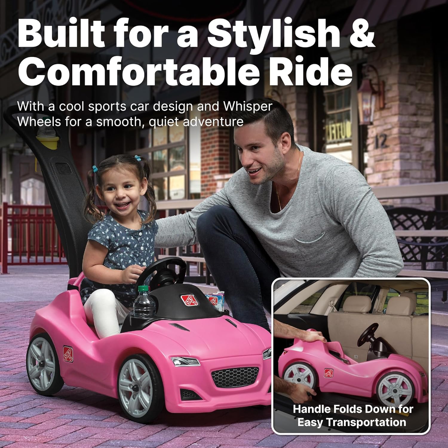 Step2 Whisper Ride Cruiser Kids Push Car with Parent Handle, Seat Belt, Horn & Storage Trunk, Single Seater Ride-On Toy for Boys and Girls, Gray, Pink & Blue, Ages 18 Months+