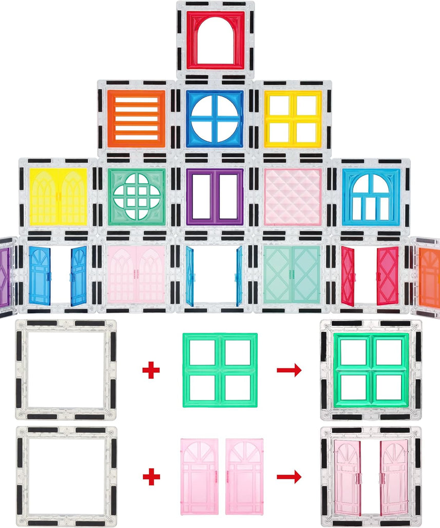 PicassoTiles 40pcs Magnetic Tile Clip-in Window and Door Expansion Set, Magnetic Block Add-ons, Magnet Building Construction Toys, STEM Education Learning Stacking Block, Toddler Boys & Girls