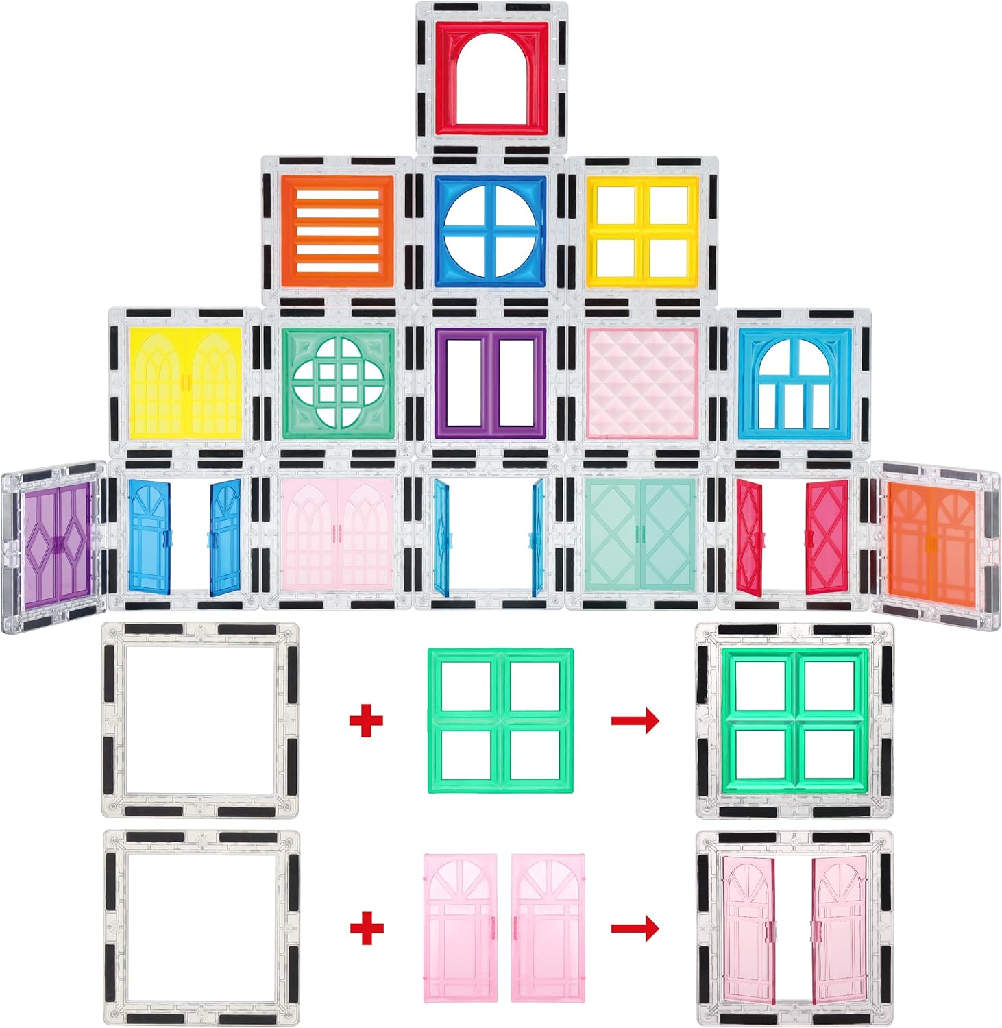 PicassoTiles 40pcs Magnetic Tile Clip-in Window and Door Expansion Set, Magnetic Block Add-ons, Magnet Building Construction Toys, STEM Education Learning Stacking Block, Toddler Boys & Girls