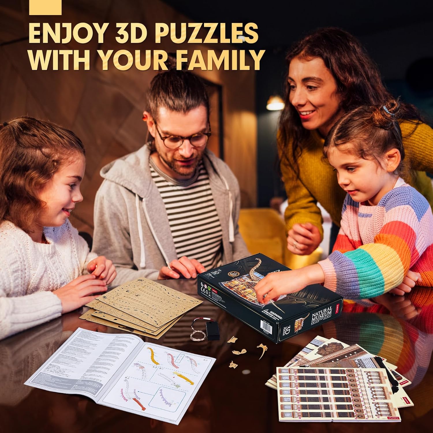 CubicFun Natural Museum Brachiosaurus 3D Puzzle Skeleton Model Kit with LED Lights, 216-Piece Dinosaur Fossil STEM Building Set for Kids & Adults