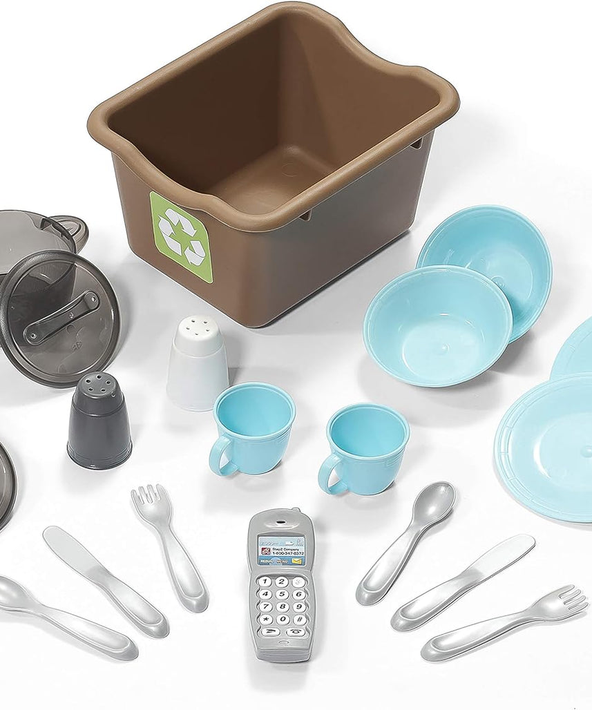 Step2 Custom Kitchen Refresh, Interactive Roleplay Kitchen Set with Lights Sounds Storage Accessories, Pretend Cooking Toy for Kids Boys and Girls Age 2 to 6, Tan