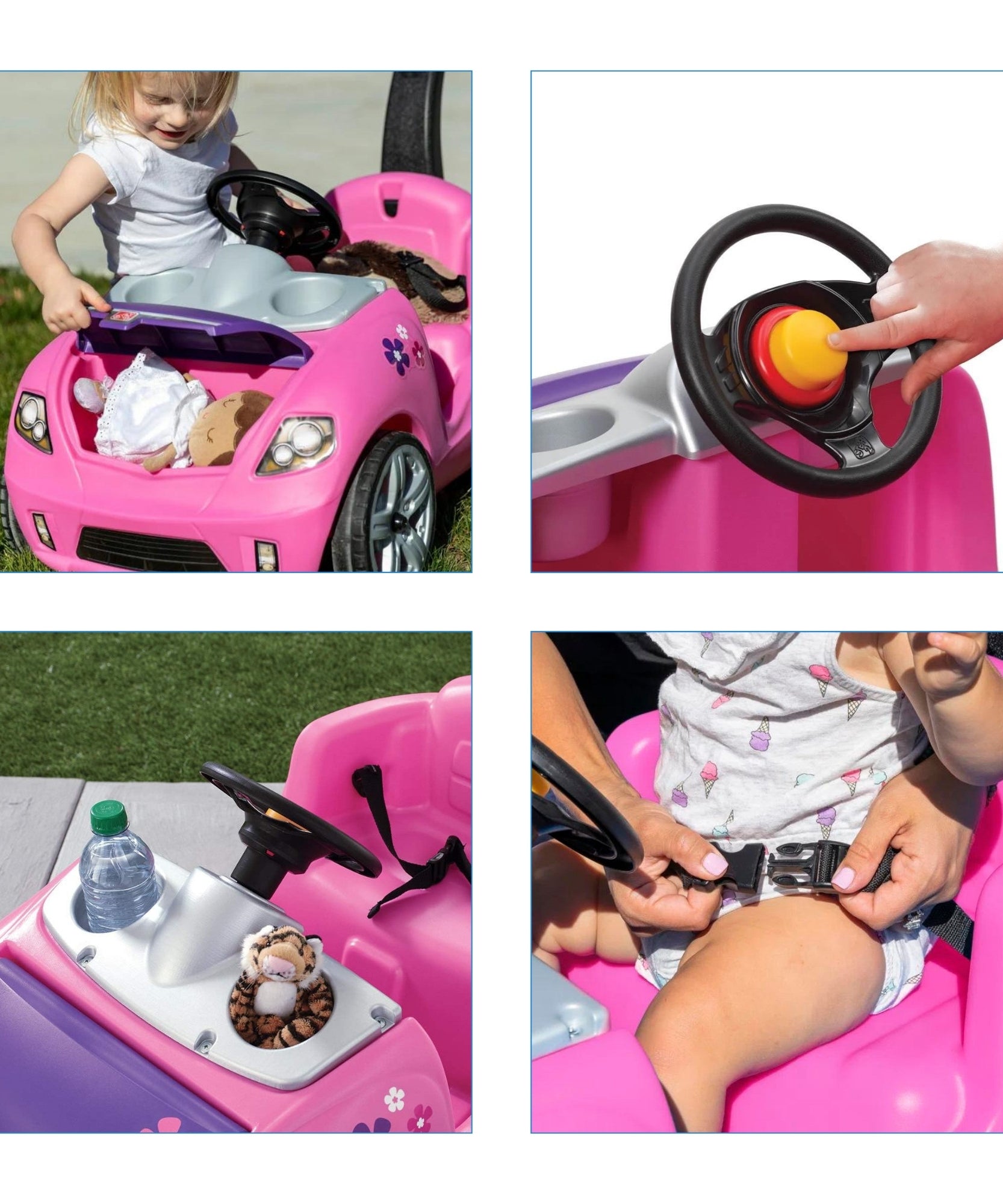 Step2 Whisper Ride II, Single Seater Kids Push Car, Easy to Store Ride On Toy with Seatbelt, Horn and Storage Trunk, Suitable for Children both Boys and Girls Aged 18m and Above, Blue, Pink