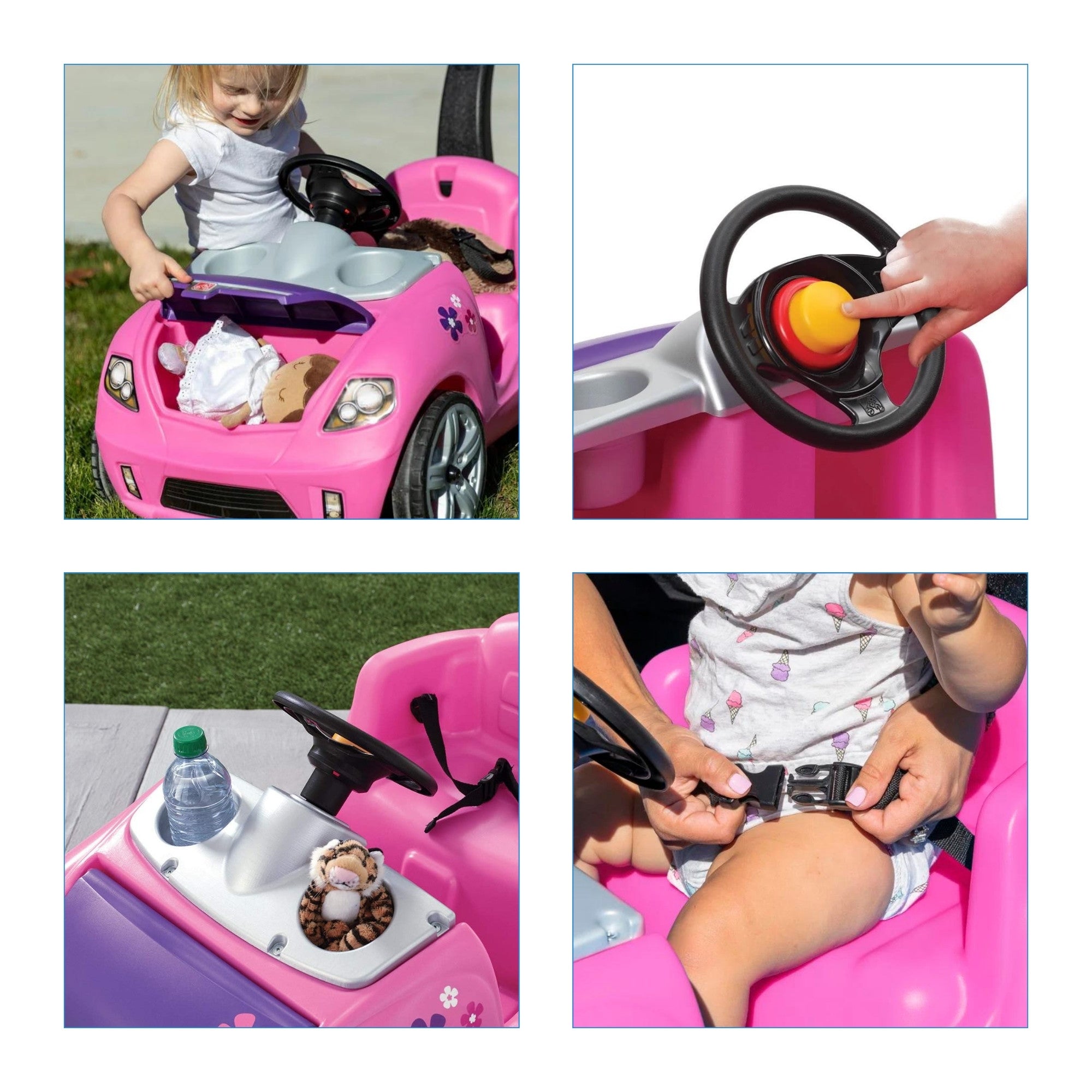 Step2 Whisper Ride II, Single Seater Kids Push Car, Easy to Store Ride On Toy with Seatbelt, Horn and Storage Trunk, Suitable for Children both Boys and Girls Aged 18m and Above, Blue, Pink