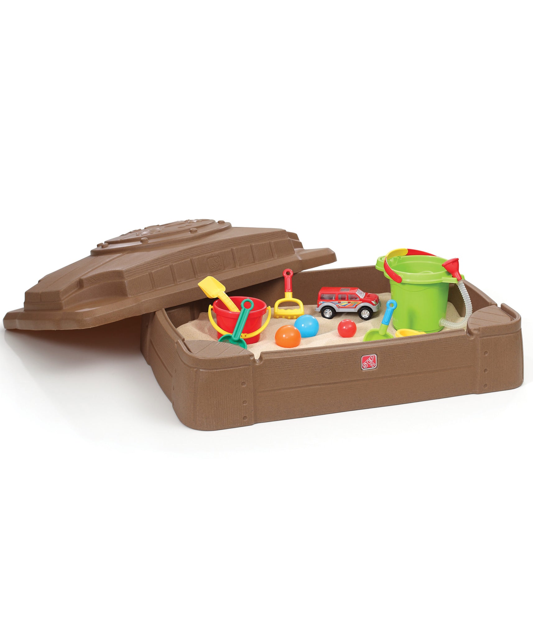 Step2 Play & Store Sandbox with Lid, Outdoor Sandpit, Sensory Play and Activity Toy with 4 Molded Seats, Backyard Garden Sandpit with 90 kg Holding Capacity, Suitable for Toddlers Aged 2+