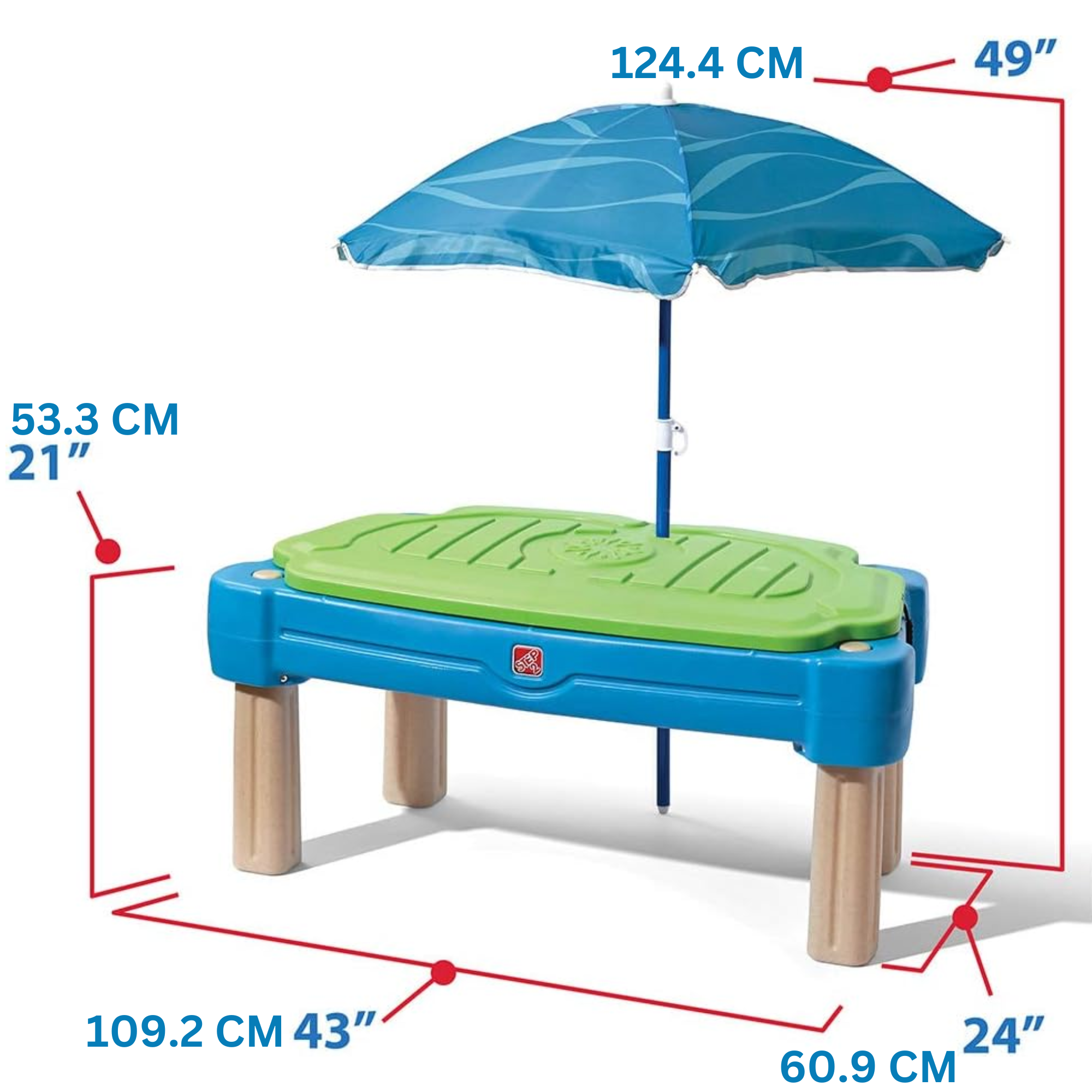 مجموعة ألعاب ستيب 2 كاسكيدينج كوف مع مظلة، وطاولة رمل وماء خارجية مع غطاء، ومجموعة ألعاب حسية، ولعبة نشاط مع ملحقات من 6 قطع تتضمن قوارب ومجرفة ودلو، ولعبة STEM في الفناء الخلفي للأطفال من سن 1.5 سنة فما فوق