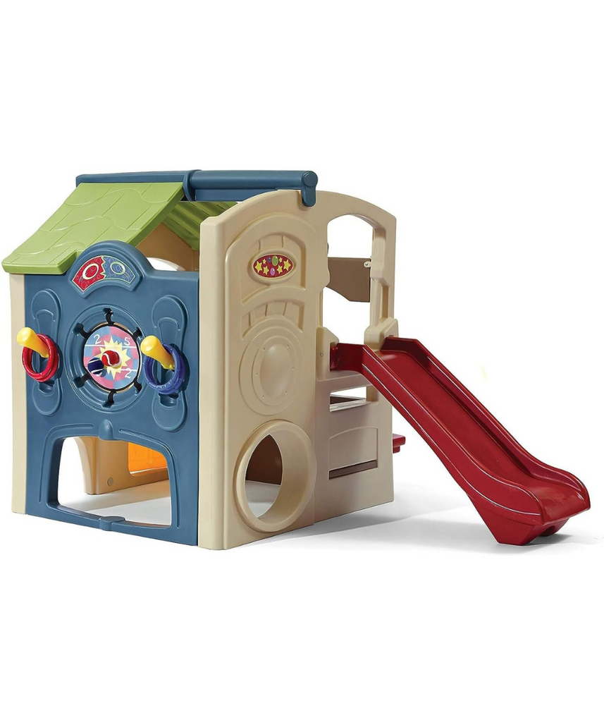 Step2 Neighborhood Fun Center 851000, Kids Outdoor Playhouse with Slide, Activity Wall, Snack Table & Seats, Durable Poly Construction, Ages 2+