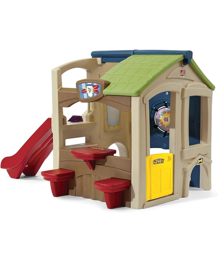 Step2 Neighborhood Fun Center 851000, Kids Outdoor Playhouse with Slide, Activity Wall, Snack Table & Seats, Durable Poly Construction, Ages 2+