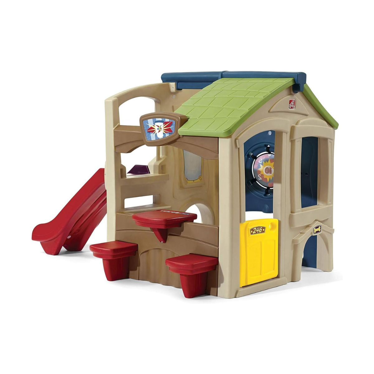 Step2 Neighborhood Fun Center 851000, Kids Outdoor Playhouse with Slide, Activity Wall, Snack Table & Seats, Durable Poly Construction, Ages 2+