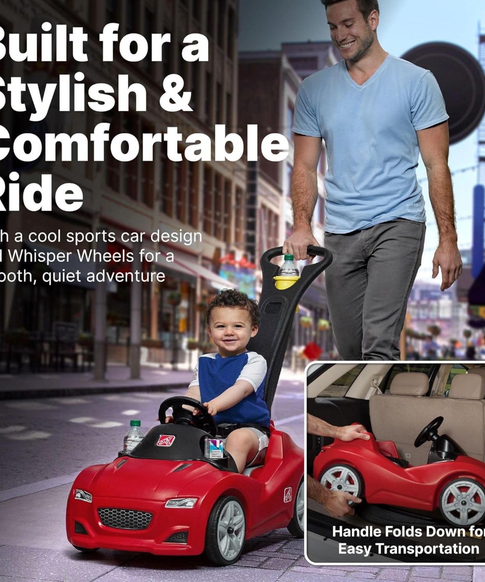 Step2 Whisper Ride Cruiser, Single Seater Kids Push Car, Easy to Store Ride On Toy with Seatbelt, Horn and Storage Trunk, Suitable for Children both Boys and Girls Aged 18m and Above, Red