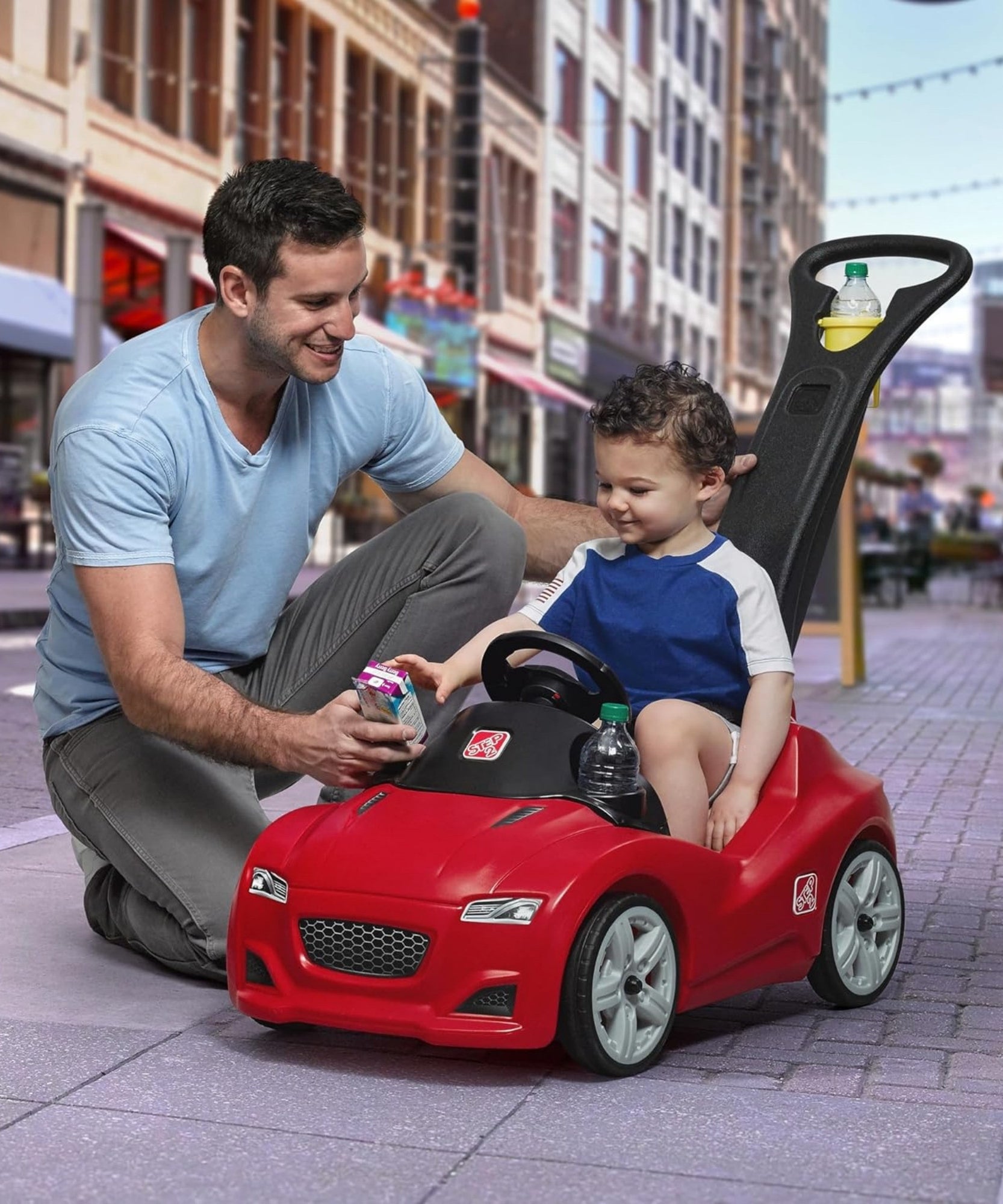 Step2 Whisper Ride Cruiser, Single Seater Kids Push Car, Easy to Store Ride On Toy with Seatbelt, Horn and Storage Trunk, Suitable for Children both Boys and Girls Aged 18m+, Blue, Pink, Red, Grey