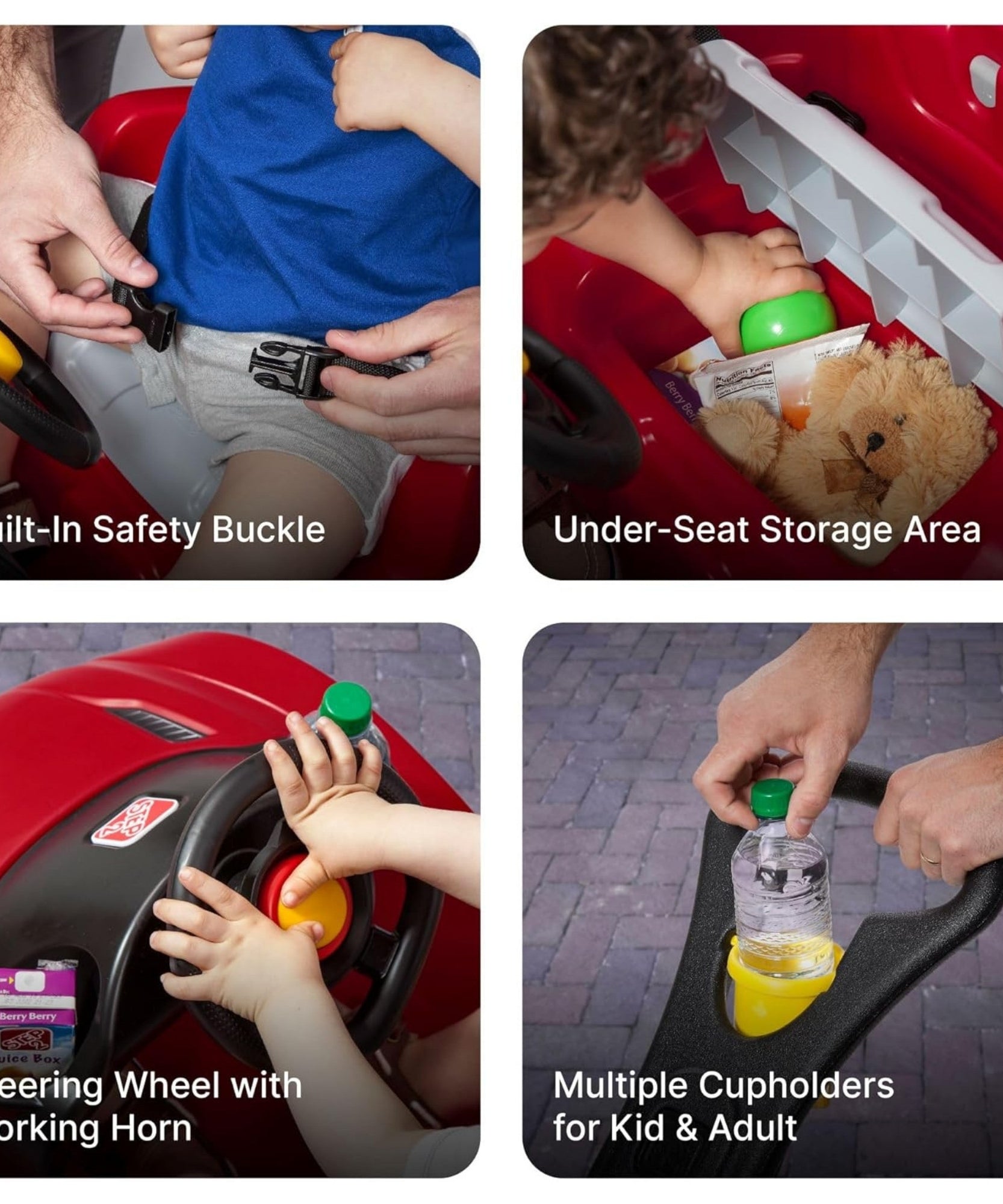 Step2 Whisper Ride Cruiser, Single Seater Kids Push Car, Easy to Store Ride On Toy with Seatbelt, Horn and Storage Trunk, Suitable for Children both Boys and Girls Aged 18m and Above, Red