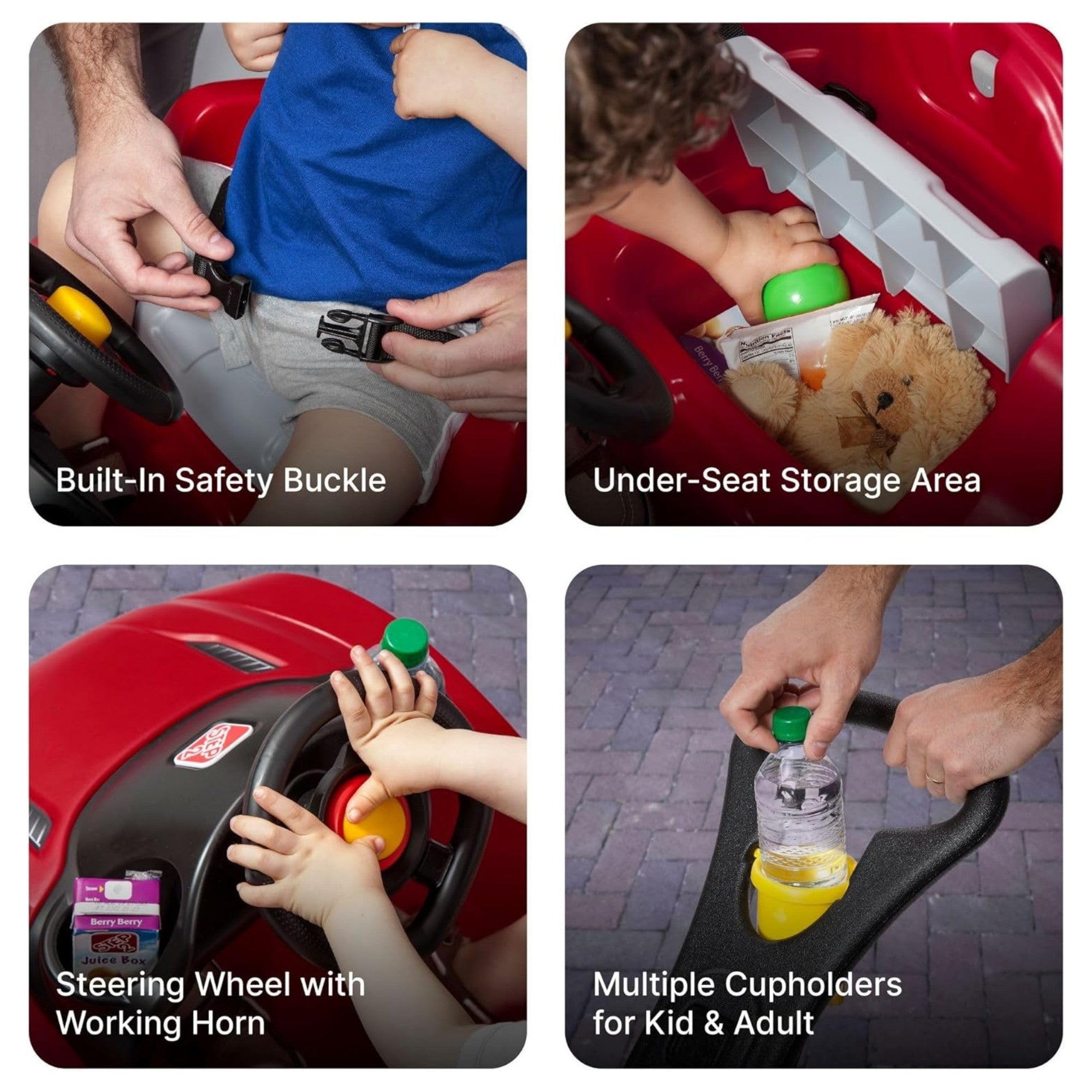 Step2 Whisper Ride Cruiser, Single Seater Kids Push Car, Easy to Store Ride On Toy with Seatbelt, Horn and Storage Trunk, Suitable for Children both Boys and Girls Aged 18m+, Blue, Pink, Red, Grey