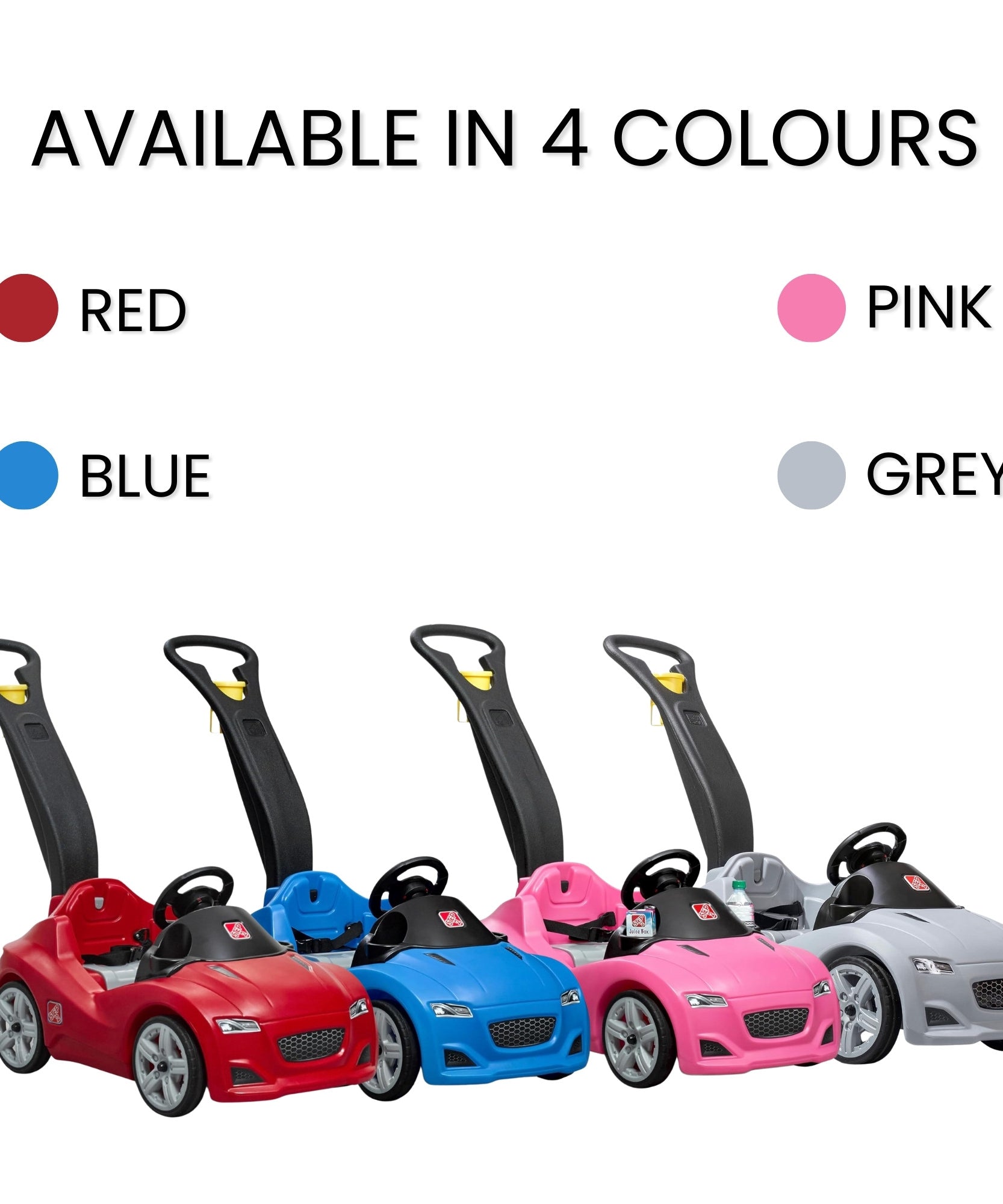 Step2 Whisper Ride Cruiser, Single Seater Kids Push Car, Easy to Store Ride On Toy with Seatbelt, Horn and Storage Trunk, Suitable for Children both Boys and Girls Aged 18m+, Blue, Pink, Red, Grey