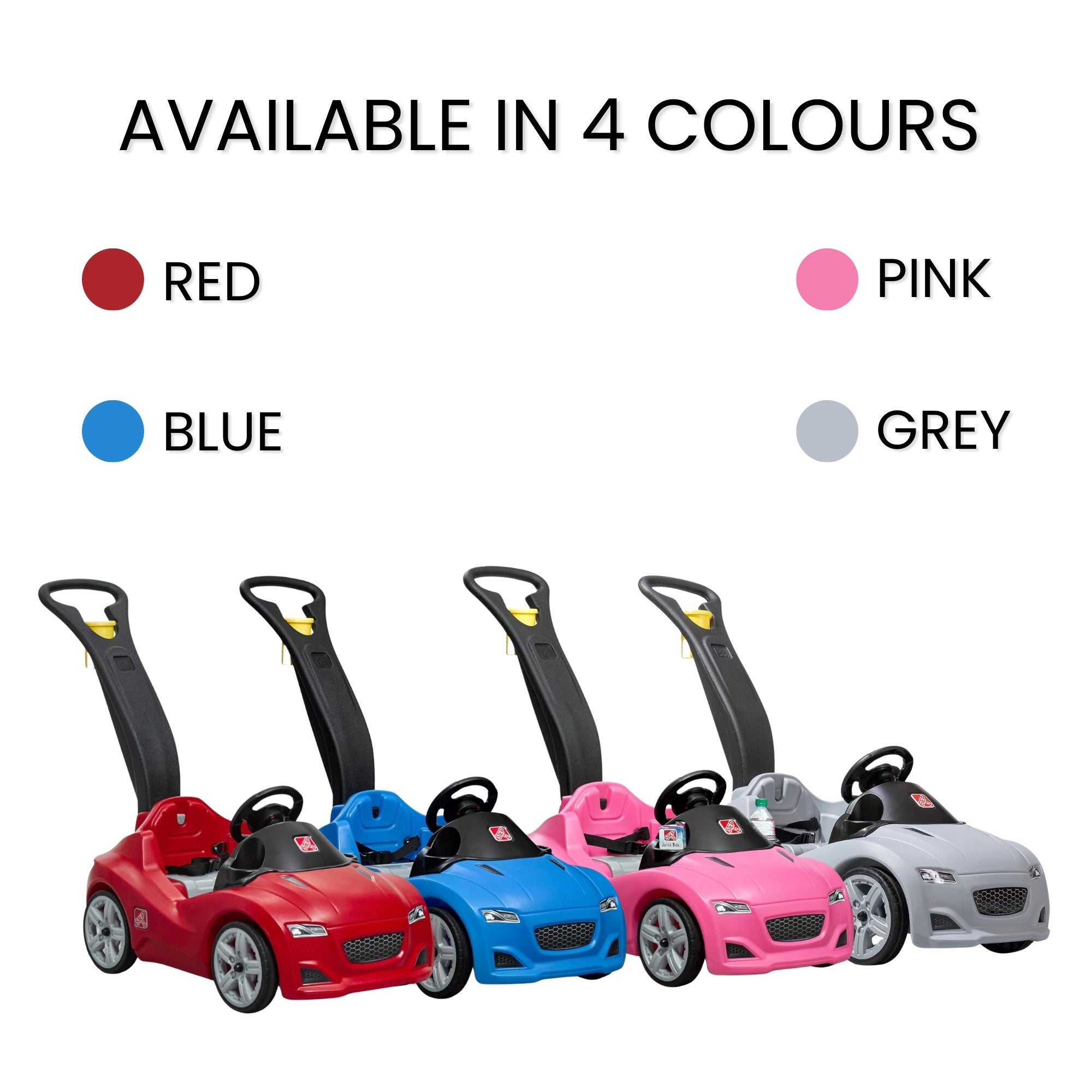 Step2 Whisper Ride Cruiser, Single Seater Kids Push Car, Easy to Store Ride On Toy with Seatbelt, Horn and Storage Trunk, Suitable for Children both Boys and Girls Aged 18m+, Blue, Pink, Red, Grey