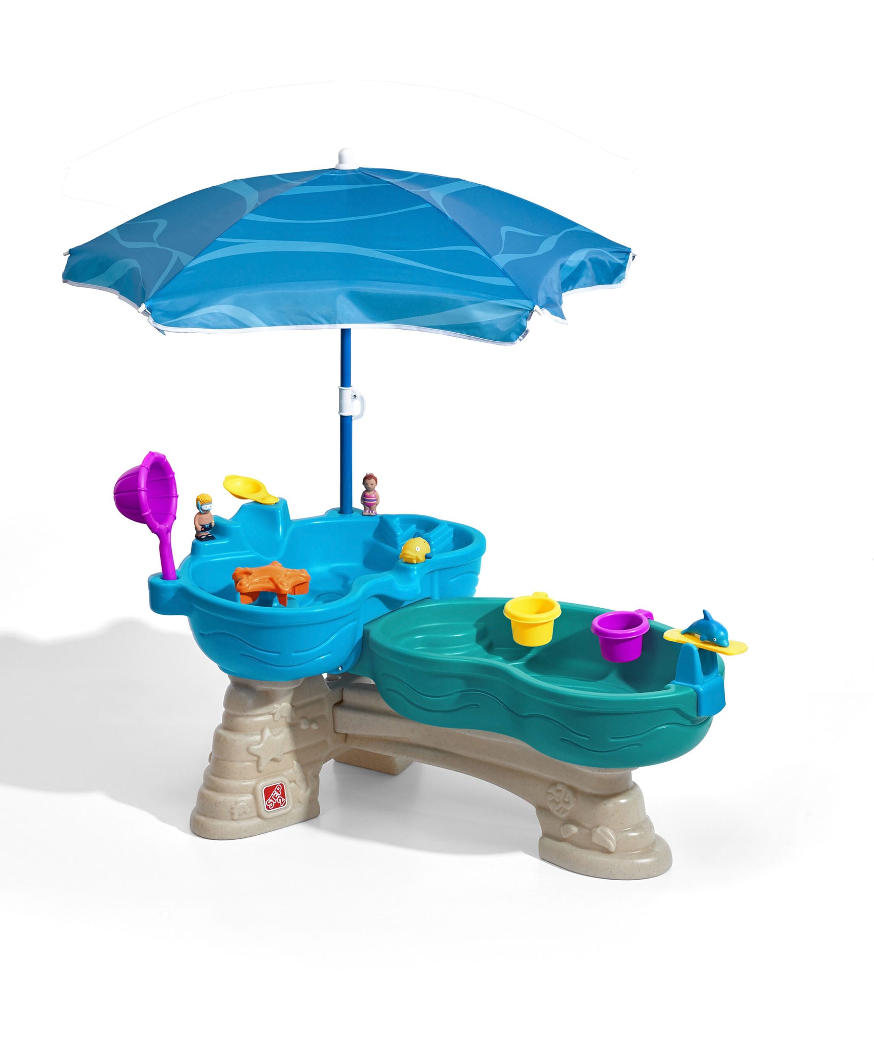 طاولة مياه ستيب 2 سبلاش آند سبلاش سيواي مع مظلة، طاولة مياه خارجية ولعبة نشاط مع 10 قطع من الملحقات، لعبة STEM للحديقة الخلفية مناسبة للأطفال من الأولاد والبنات من سن 1.5 سنة فما فوق