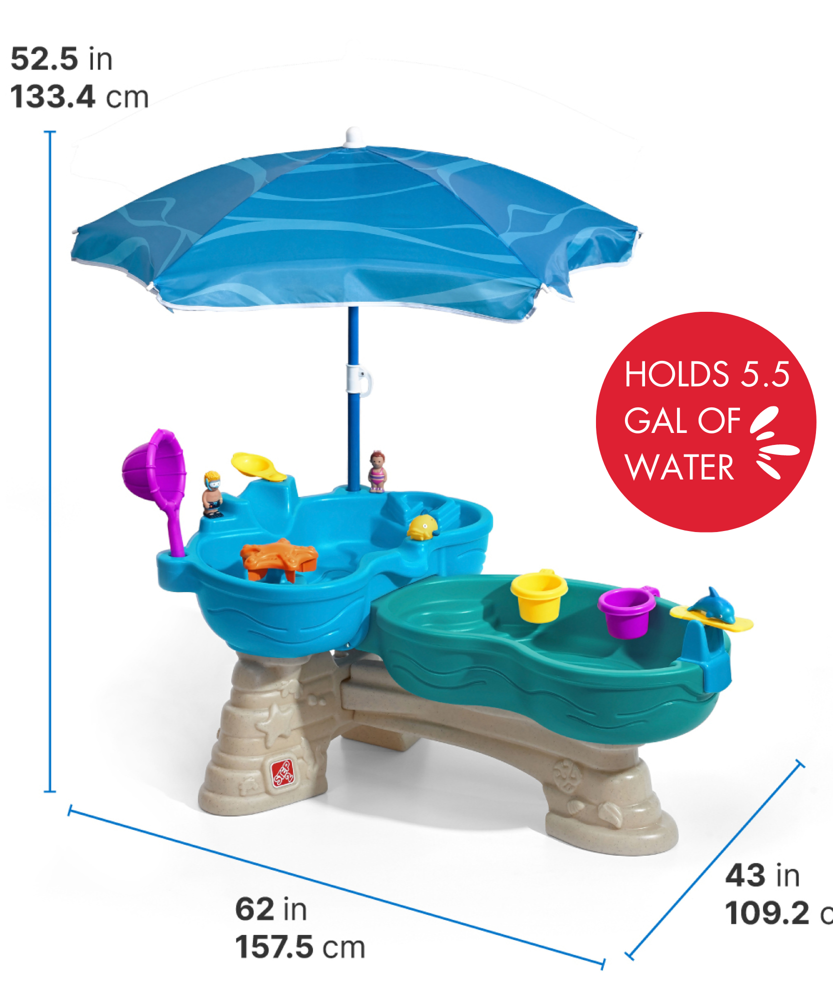 طاولة مياه ستيب 2 سبلاش آند سبلاش سيواي مع مظلة، طاولة مياه خارجية ولعبة نشاط مع 10 قطع من الملحقات، لعبة STEM للحديقة الخلفية مناسبة للأطفال من الأولاد والبنات من سن 1.5 سنة فما فوق