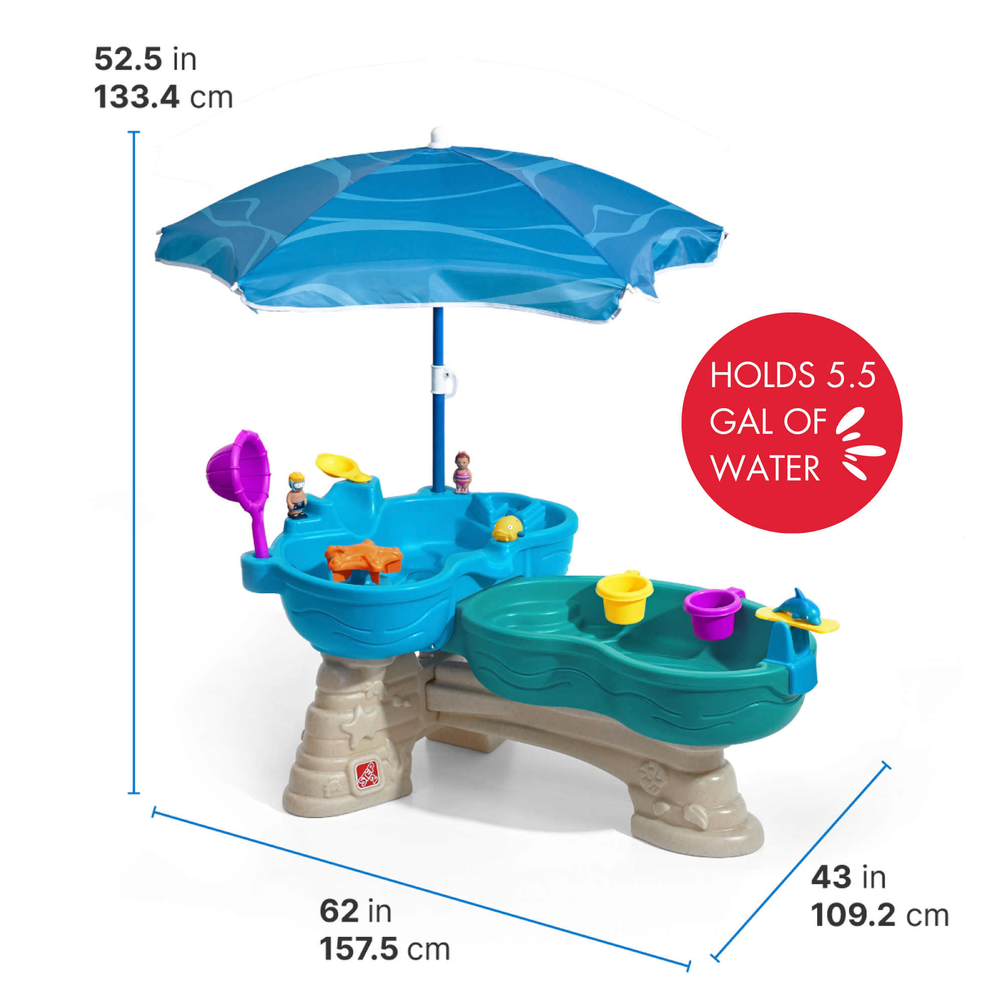 طاولة مياه ستيب 2 سبلاش آند سبلاش سيواي مع مظلة، طاولة مياه خارجية ولعبة نشاط مع 10 قطع من الملحقات، لعبة STEM للحديقة الخلفية مناسبة للأطفال من الأولاد والبنات من سن 1.5 سنة فما فوق