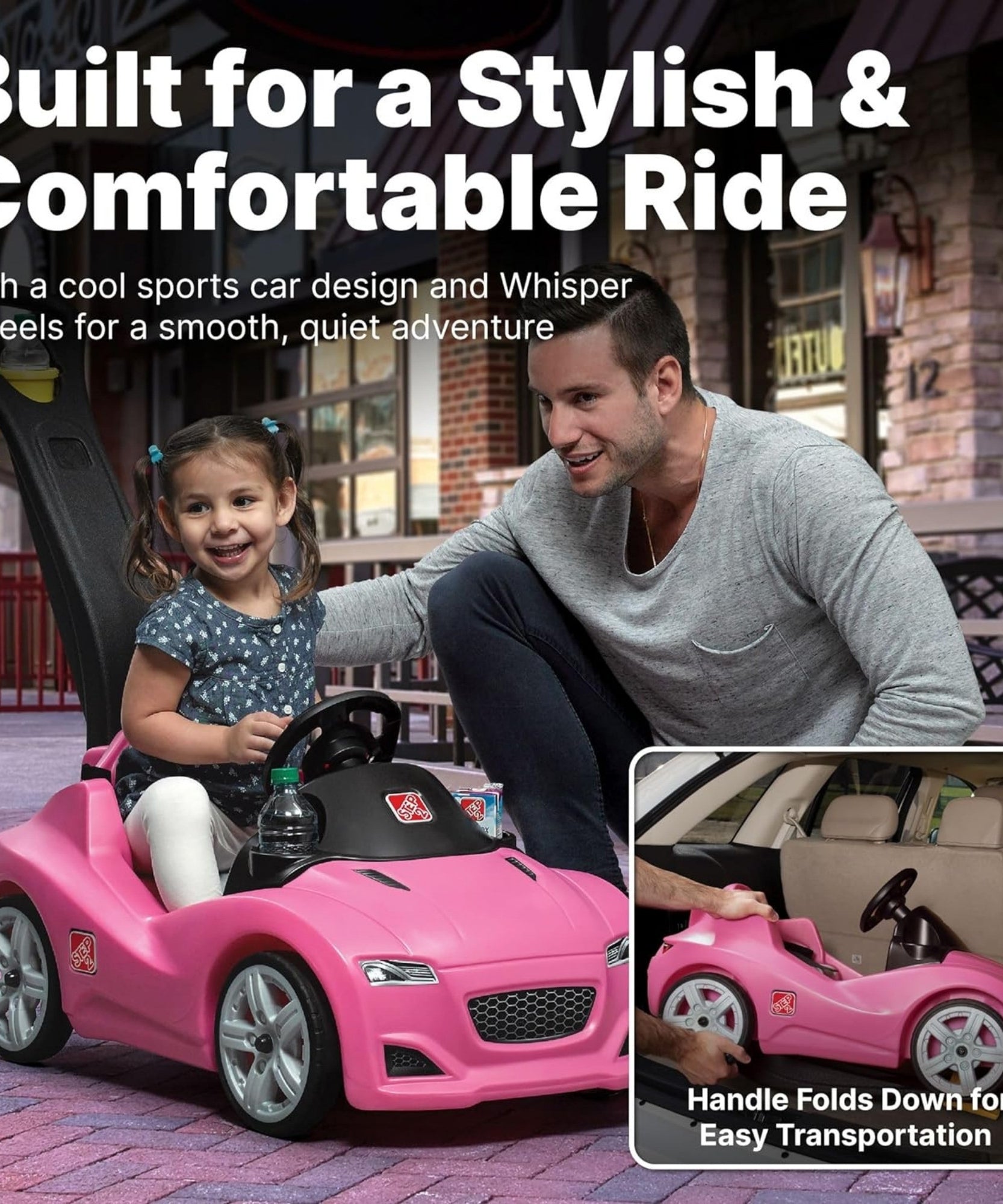 Step2 Whisper Ride Cruiser, Single Seater Kids Push Car, Easy to Store Ride On Toy with Seatbelt, Horn and Storage Trunk, Suitable for Children both Boys and Girls Aged 18m and Above, Pink