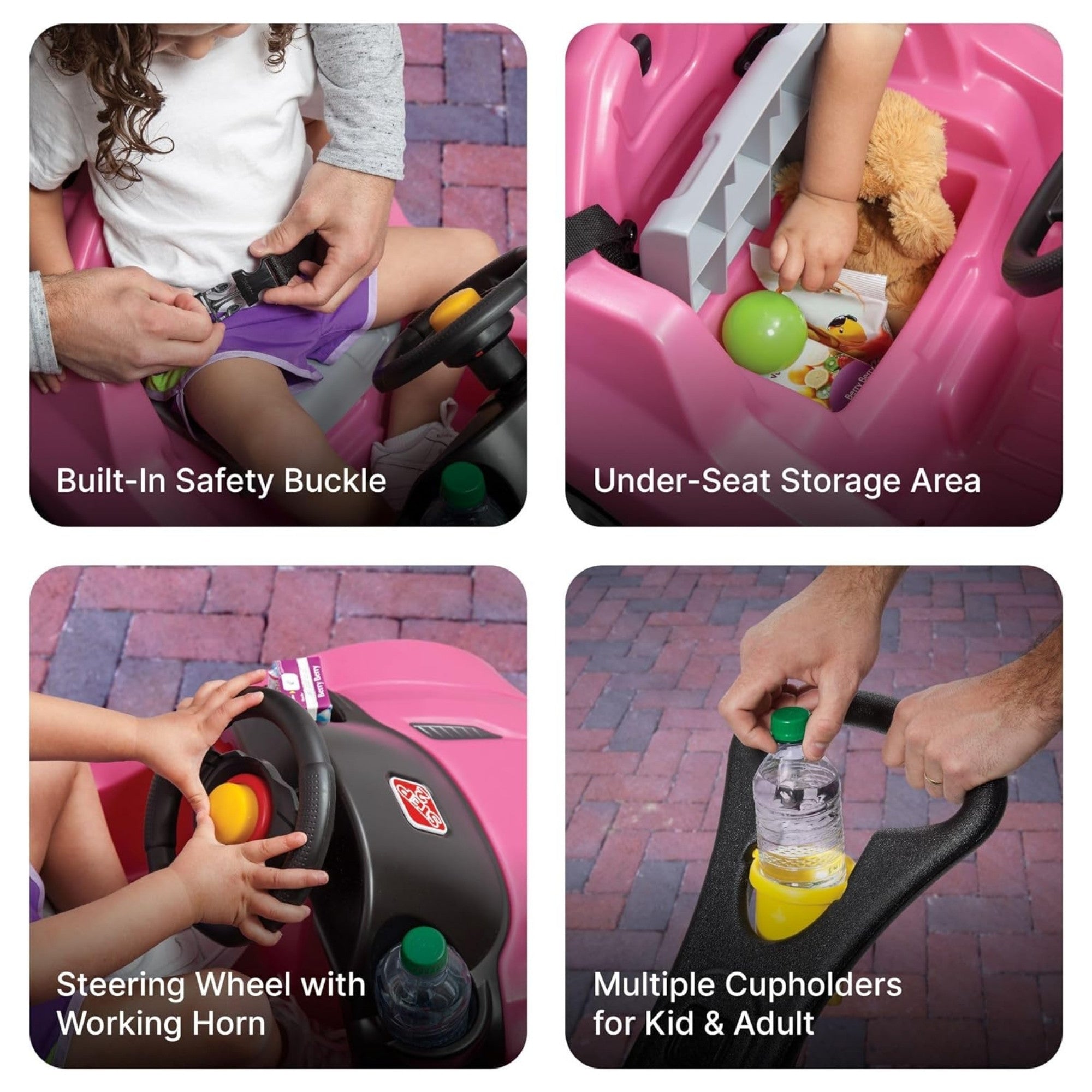 Step2 Whisper Ride Cruiser, Single Seater Kids Push Car, Easy to Store Ride On Toy with Seatbelt, Horn and Storage Trunk, Suitable for Children both Boys and Girls Aged 18m and Above, Pink