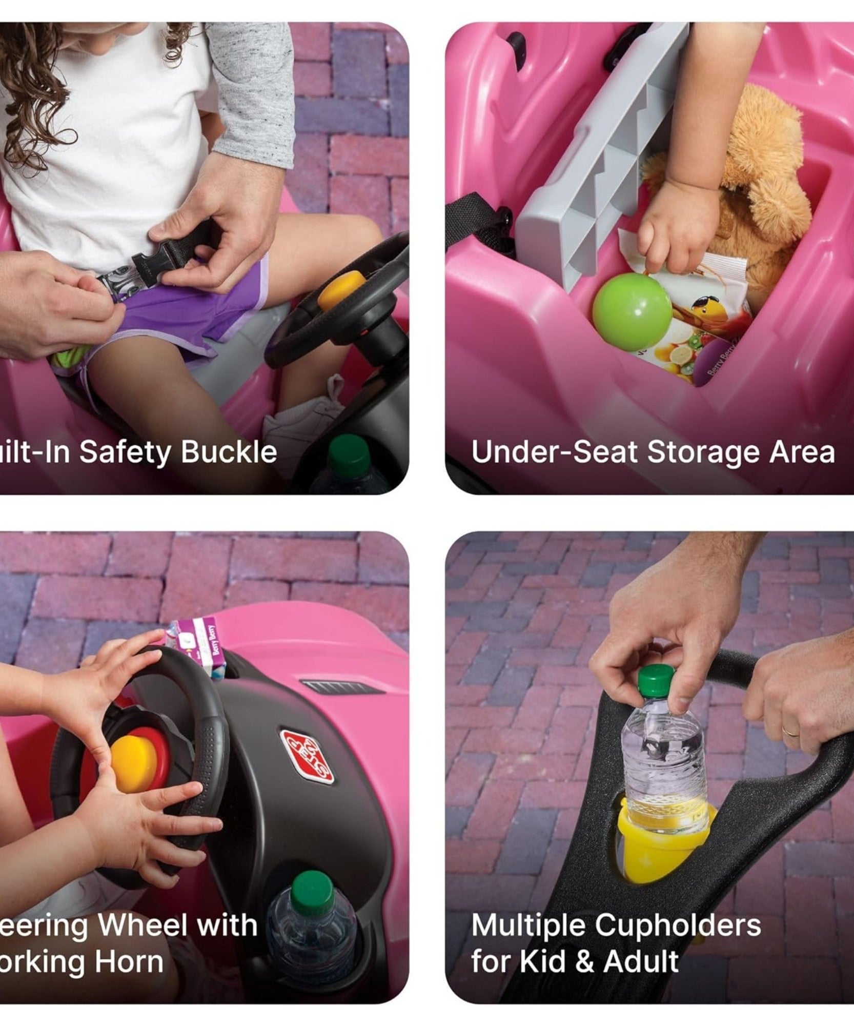 Step2 Whisper Ride Cruiser, Single Seater Kids Push Car, Easy to Store Ride On Toy with Seatbelt, Horn and Storage Trunk, Suitable for Children both Boys and Girls Aged 18m+, Blue, Pink, Red, Grey