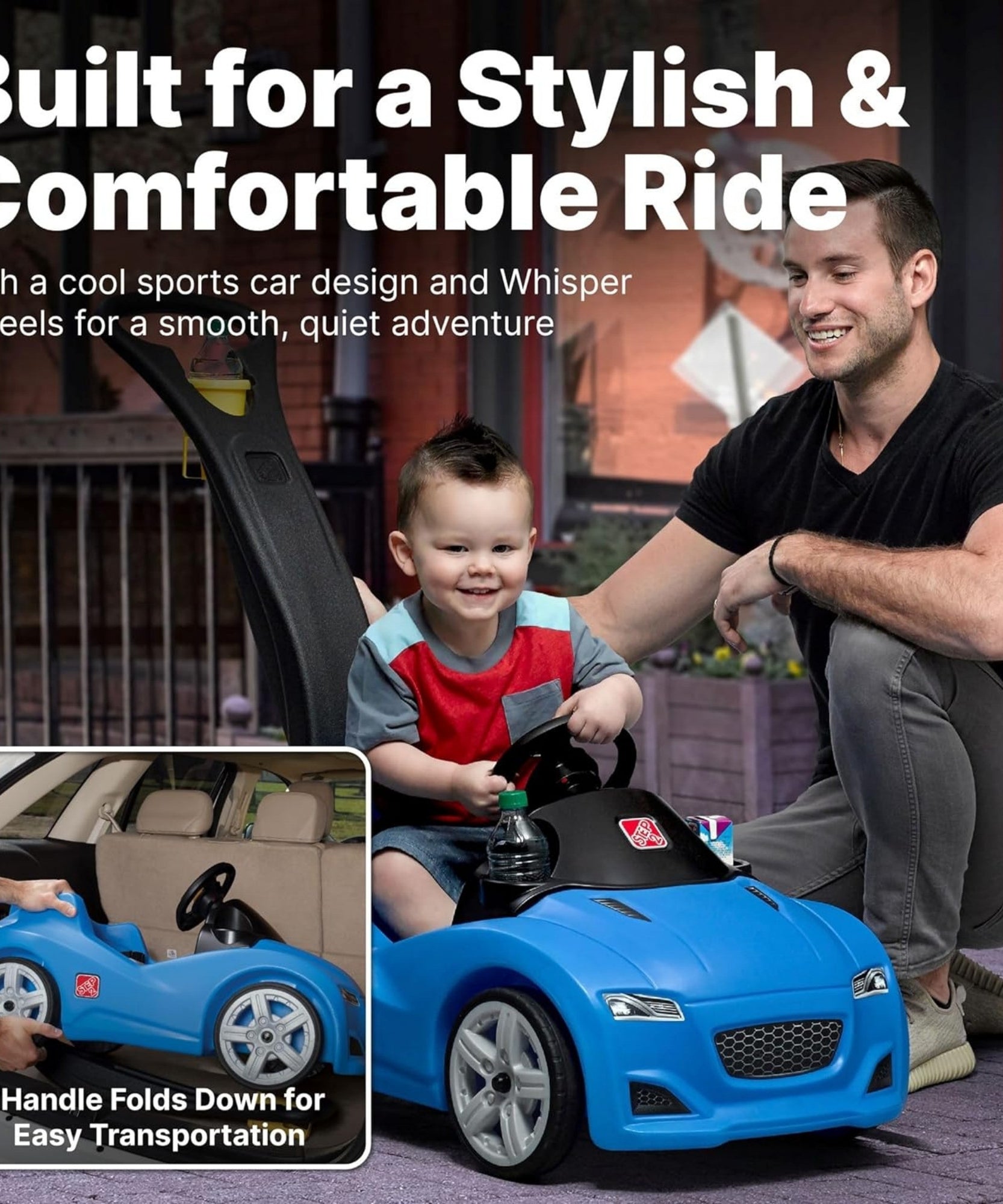 Step2 Whisper Ride Cruiser, Single Seater Kids Push Car, Easy to Store Ride On Toy with Seatbelt, Horn and Storage Trunk, Suitable for Children both Boys and Girls Aged 18m+, Blue, Pink, Red, Grey