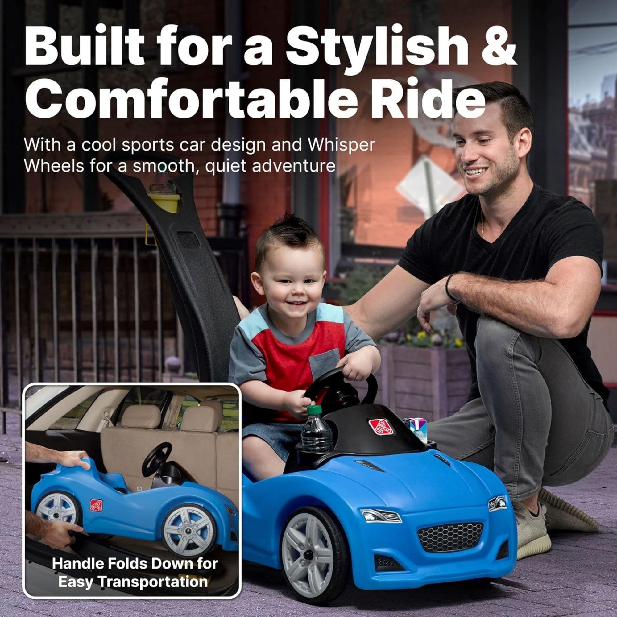 سيارة ويسبر رايد كروزر من ستيب 2، مقعد واحد للأطفال، سهلة التخزين مع حزام أمان وبوق وصندوق تخزين، مناسبة للأطفال من الأولاد والبنات من سن 18 شهرًا فما فوق، باللون الأزرق والوردي والأحمر والرمادي