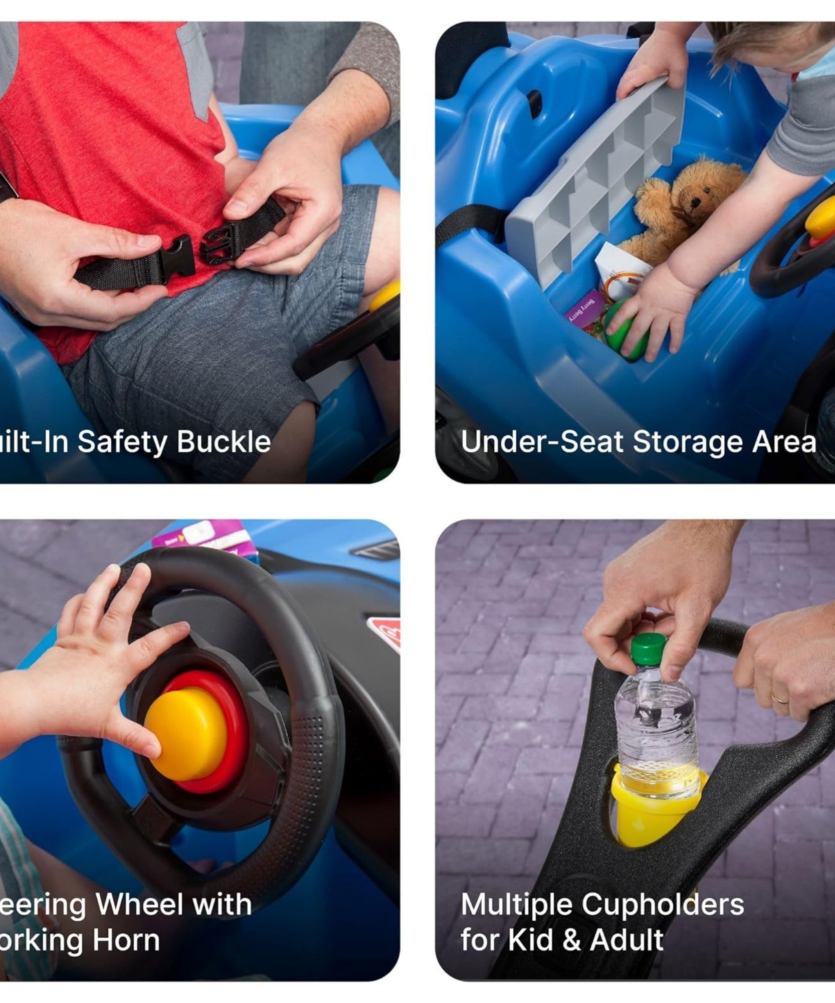 Step2 Whisper Ride Cruiser, Single Seater Kids Push Car, Easy to Store Ride On Toy with Seatbelt, Horn and Storage Trunk, Suitable for Children both Boys and Girls Aged 18m+, Blue, Pink, Red, Grey