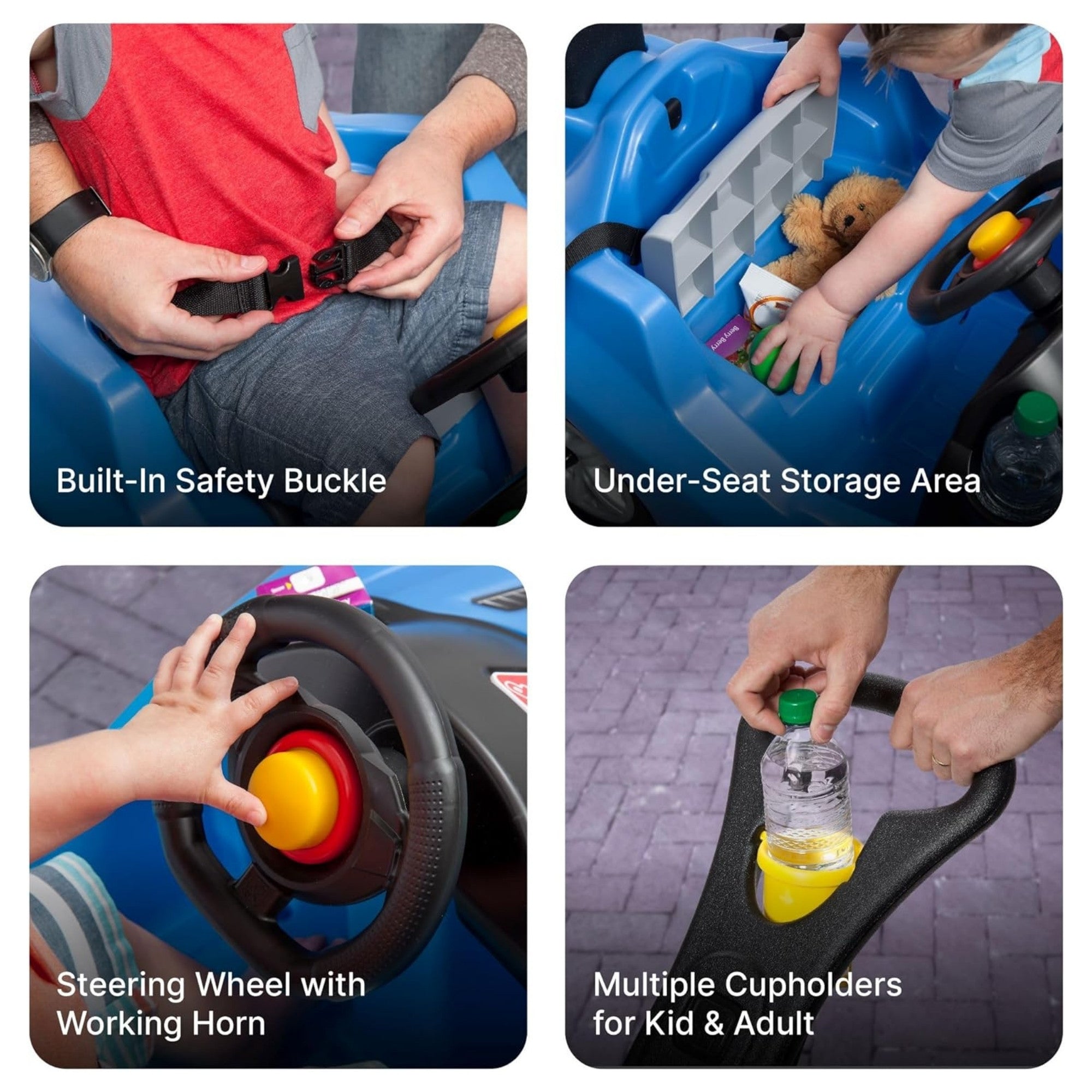 Step2 Whisper Ride Cruiser, Single Seater Kids Push Car, Easy to Store Ride On Toy with Seatbelt, Horn and Storage Trunk, Suitable for Children both Boys and Girls Aged 18m+, Blue, Pink, Red, Grey