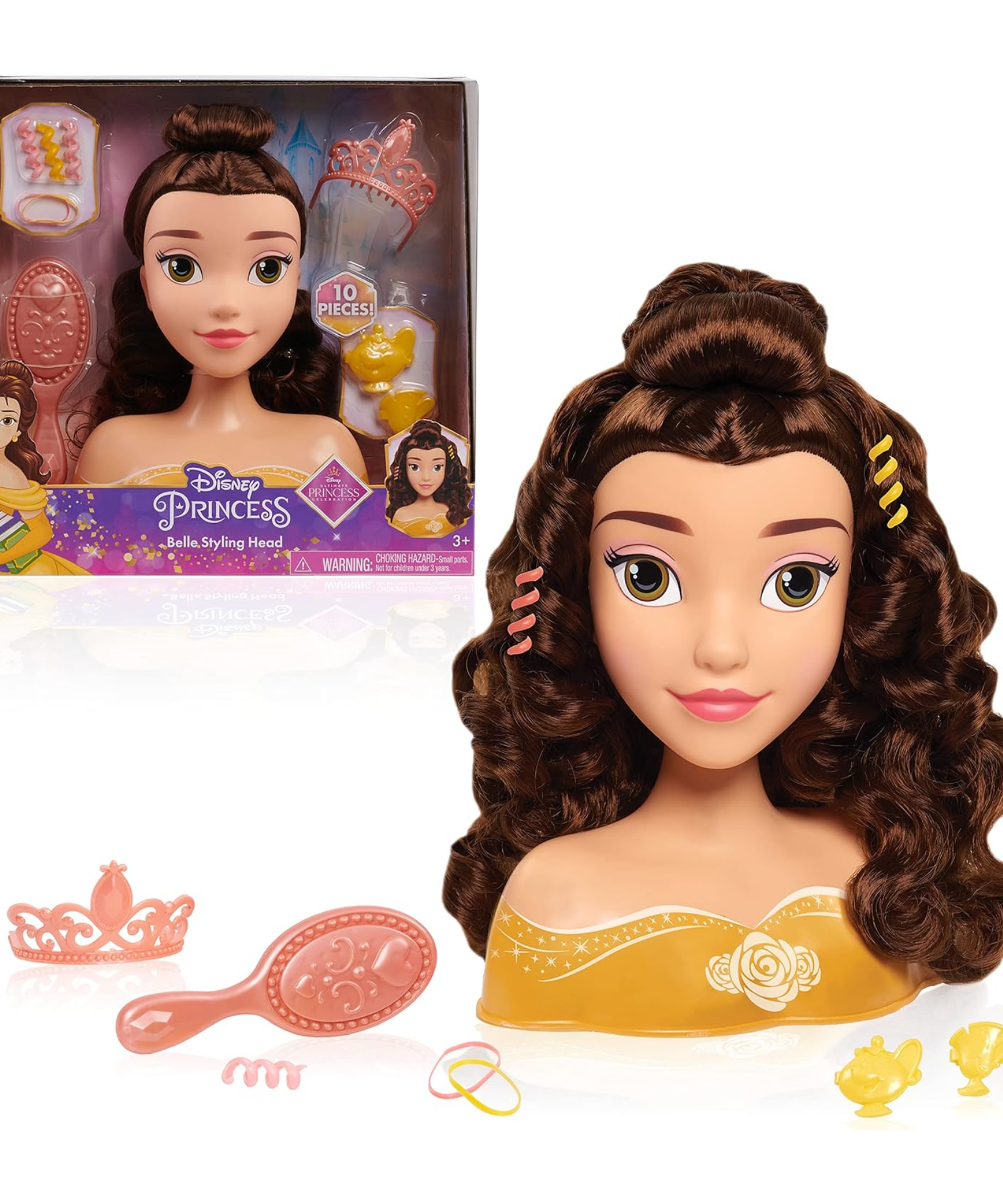 مجموعة لعب تظاهرية مكونة من 10 قطع من رأس تصفيف الشعر الجميلة والوحش من ديزني برينسيس مع ملحقات تتميز بشخصية بيل، شعر بني بطول 8 بوصات، لعبة لعب أدوار مرخصة رسميًا للأطفال من سن 3 سنوات فما فوق من جاست بلاي