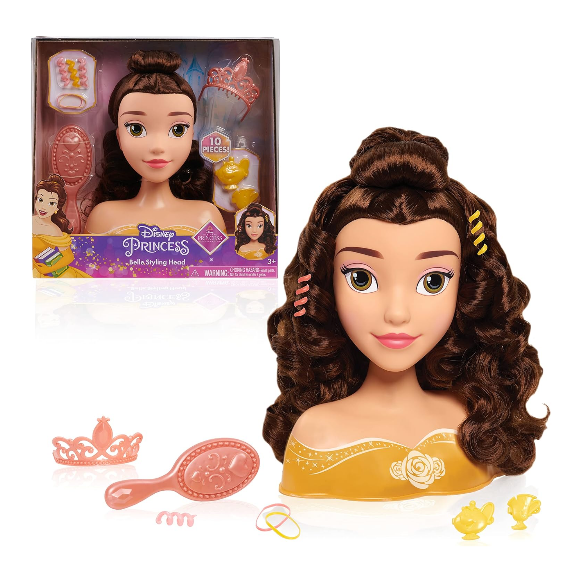 مجموعة لعب تظاهرية مكونة من 10 قطع من رأس تصفيف الشعر الجميلة والوحش من ديزني برينسيس مع ملحقات تتميز بشخصية بيل، شعر بني بطول 8 بوصات، لعبة لعب أدوار مرخصة رسميًا للأطفال من سن 3 سنوات فما فوق من جاست بلاي