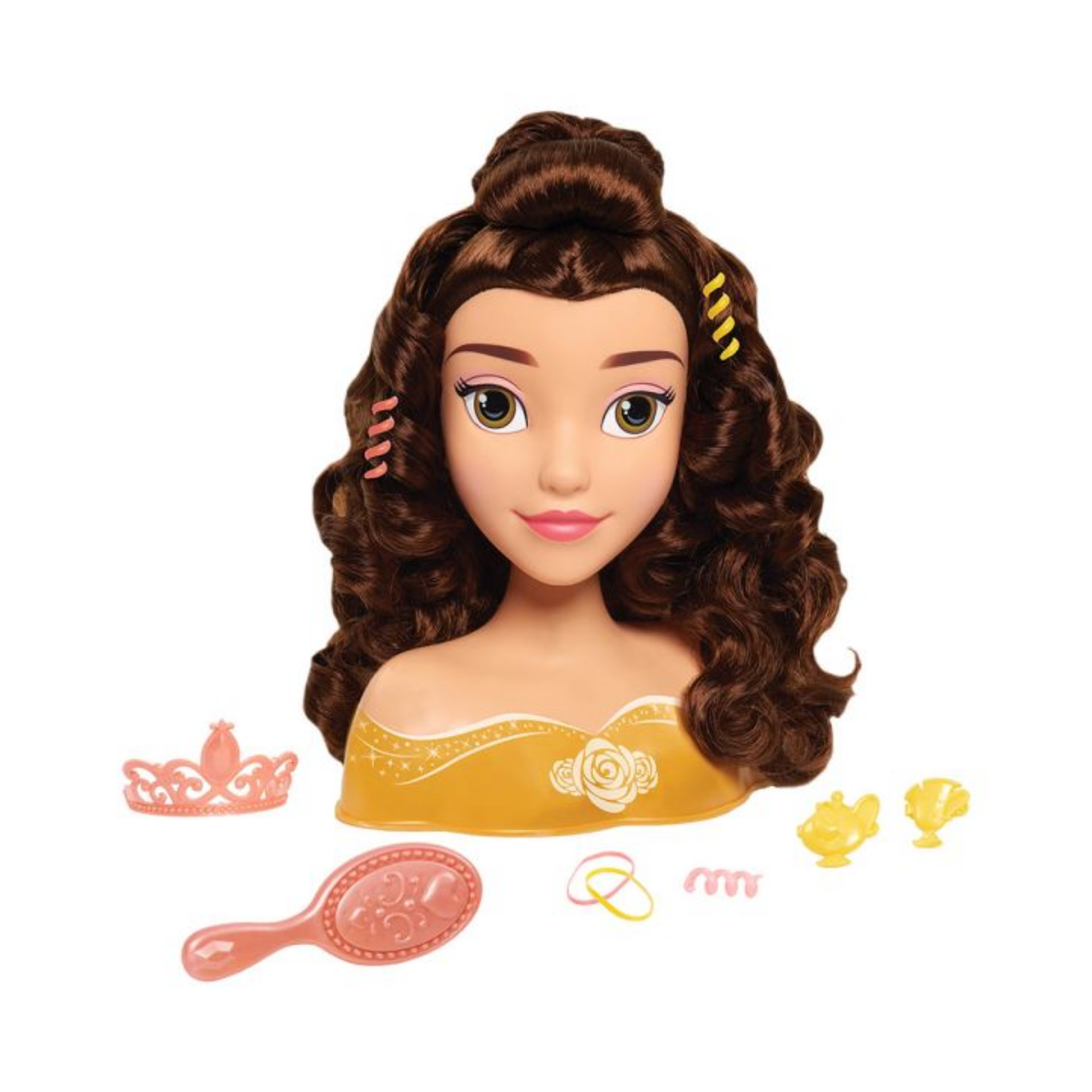 مجموعة لعب تظاهرية مكونة من 10 قطع من رأس تصفيف الشعر الجميلة والوحش من ديزني برينسيس مع ملحقات تتميز بشخصية بيل، شعر بني بطول 8 بوصات، لعبة لعب أدوار مرخصة رسميًا للأطفال من سن 3 سنوات فما فوق من جاست بلاي