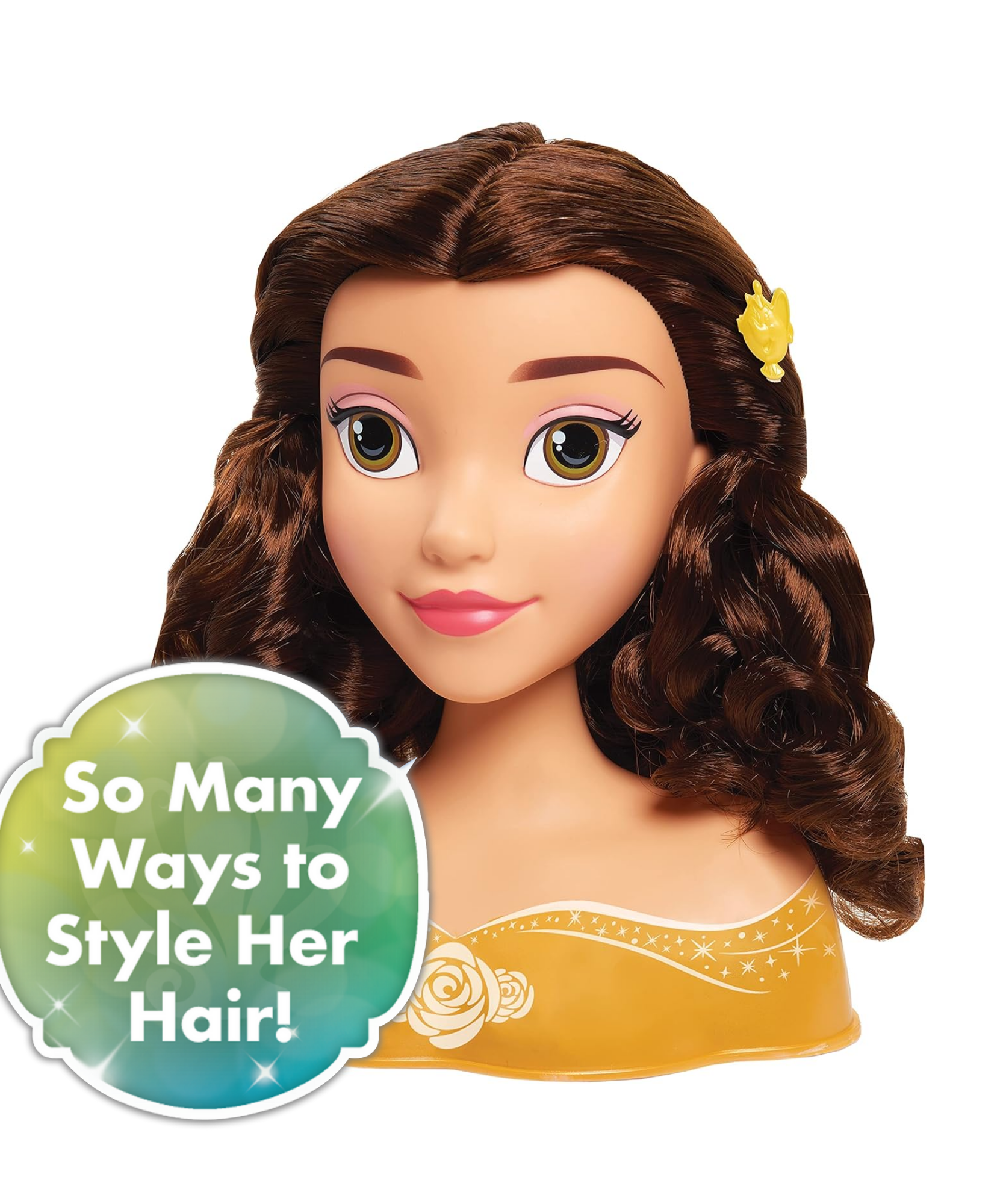 مجموعة لعب تظاهرية مكونة من 10 قطع من رأس تصفيف الشعر الجميلة والوحش من ديزني برينسيس مع ملحقات تتميز بشخصية بيل، شعر بني بطول 8 بوصات، لعبة لعب أدوار مرخصة رسميًا للأطفال من سن 3 سنوات فما فوق من جاست بلاي