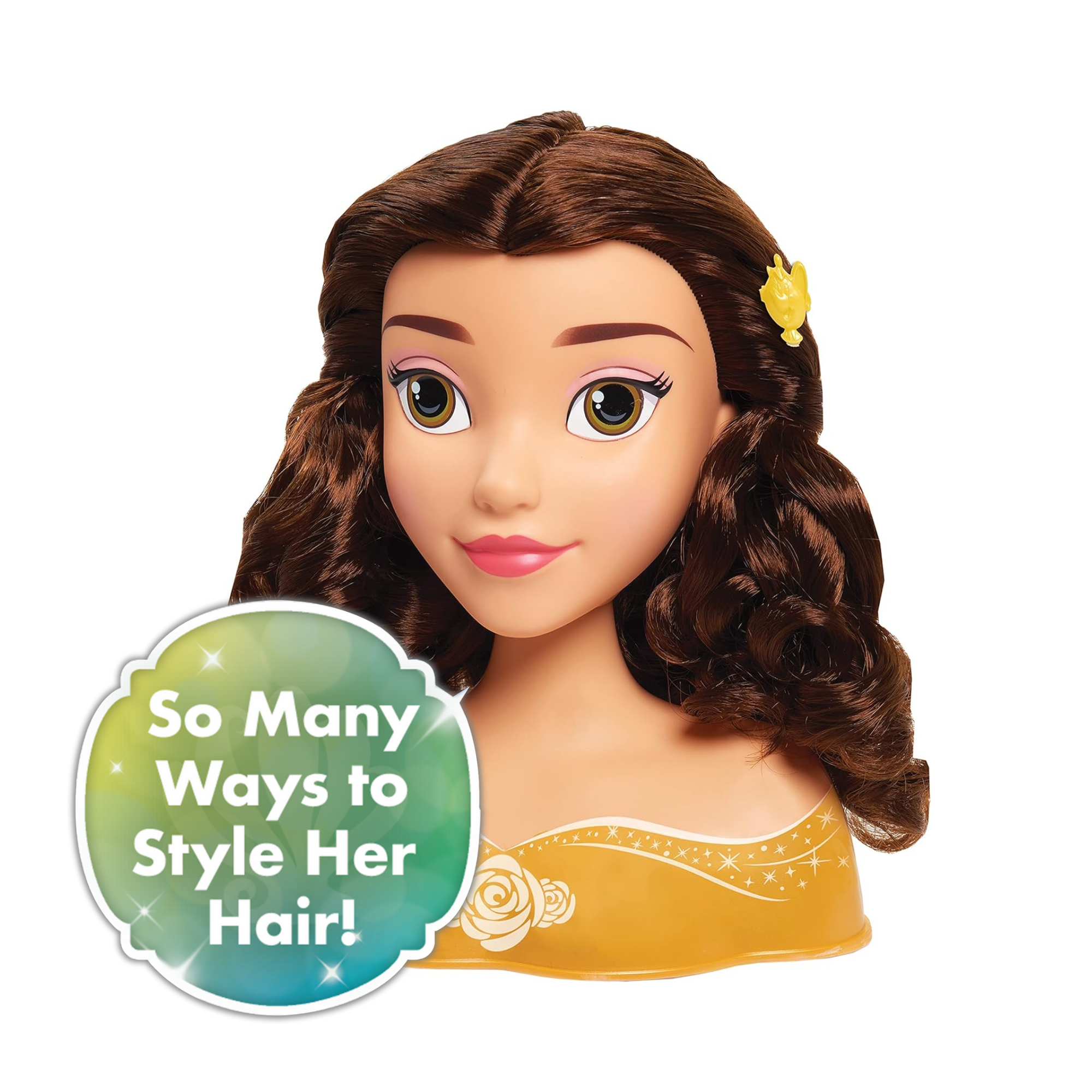 مجموعة لعب تظاهرية مكونة من 10 قطع من رأس تصفيف الشعر الجميلة والوحش من ديزني برينسيس مع ملحقات تتميز بشخصية بيل، شعر بني بطول 8 بوصات، لعبة لعب أدوار مرخصة رسميًا للأطفال من سن 3 سنوات فما فوق من جاست بلاي