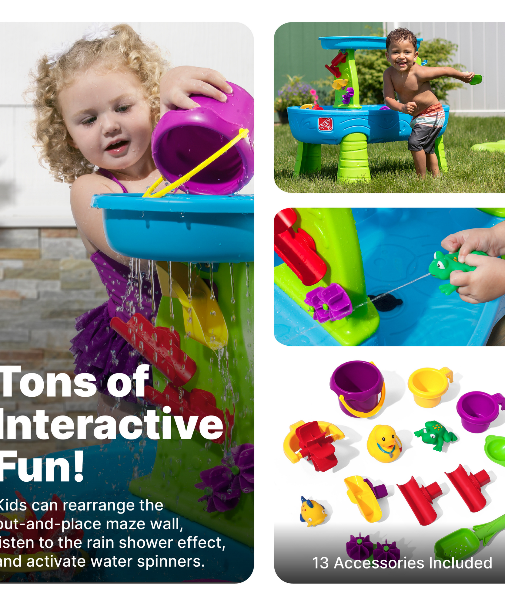 طاولة مياه للبركة من ستيب 2 رين شاورز سبلاش، طاولة مياه داخلية وخارجية، مجموعة ألعاب حسية، لعبة نشاط مع جدار دش مطري، مجموعة إكسسوارات من 13 قطعة، لعبة في الفناء الخلفي مناسبة للأطفال الصغار من سن 1.5 سنة فما فوق