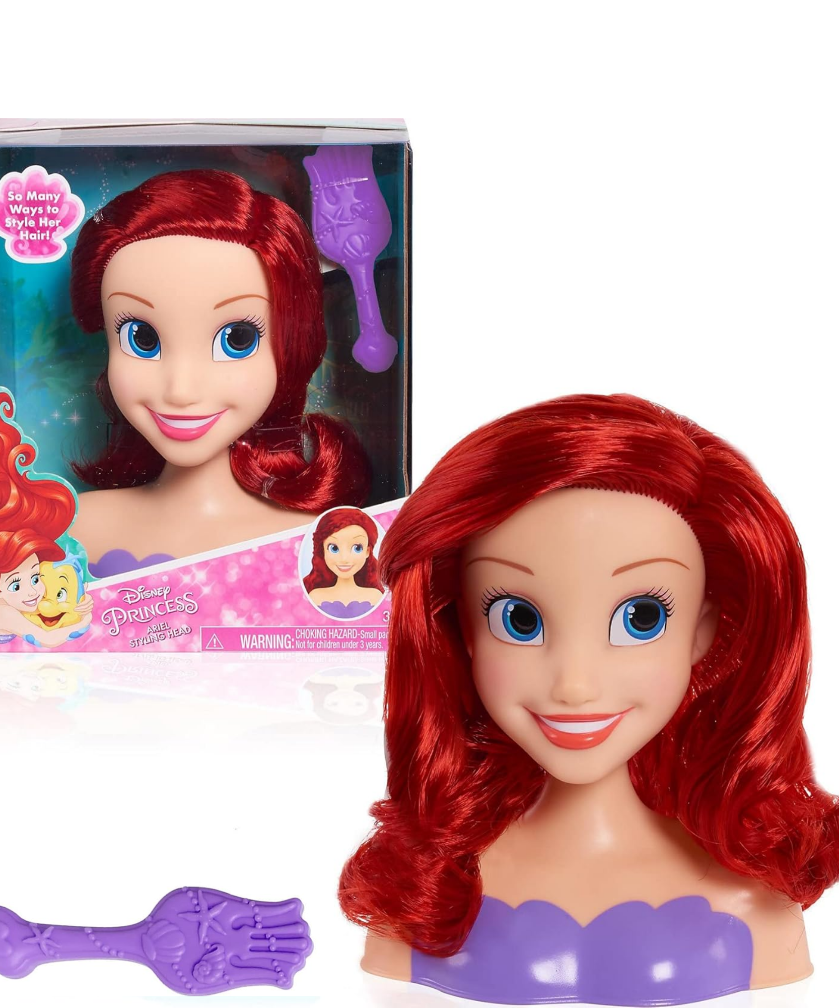مجموعة لعب تظاهرية مكونة من قطعتين من رأس تصفيف الشعر حورية البحر الصغيرة من ديزني برينسيس، تتميز بأريل، وشعر أحمر بطول 5 بوصات، لعبة لعب أدوار مرخصة رسميًا للأطفال من سن 3 سنوات فما فوق من جاست بلاي