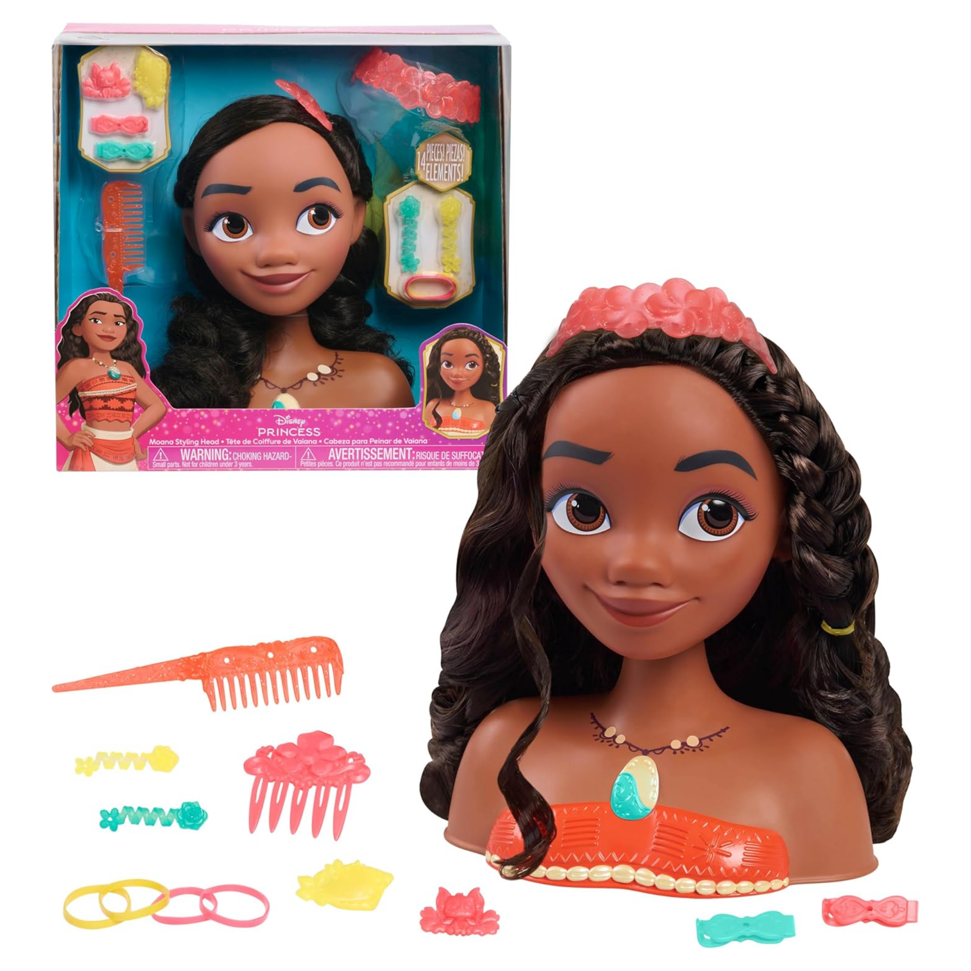 مجموعة لعب تظاهرية بشعر بني من ديزني برنسيس، مكونة من 14 قطعة مع ملحقات، تتميز بموانا، مقاس 8 بوصات، لعبة لعب أدوار مرخصة رسميًا للأطفال من سن 3 سنوات فما فوق من جاست بلاي