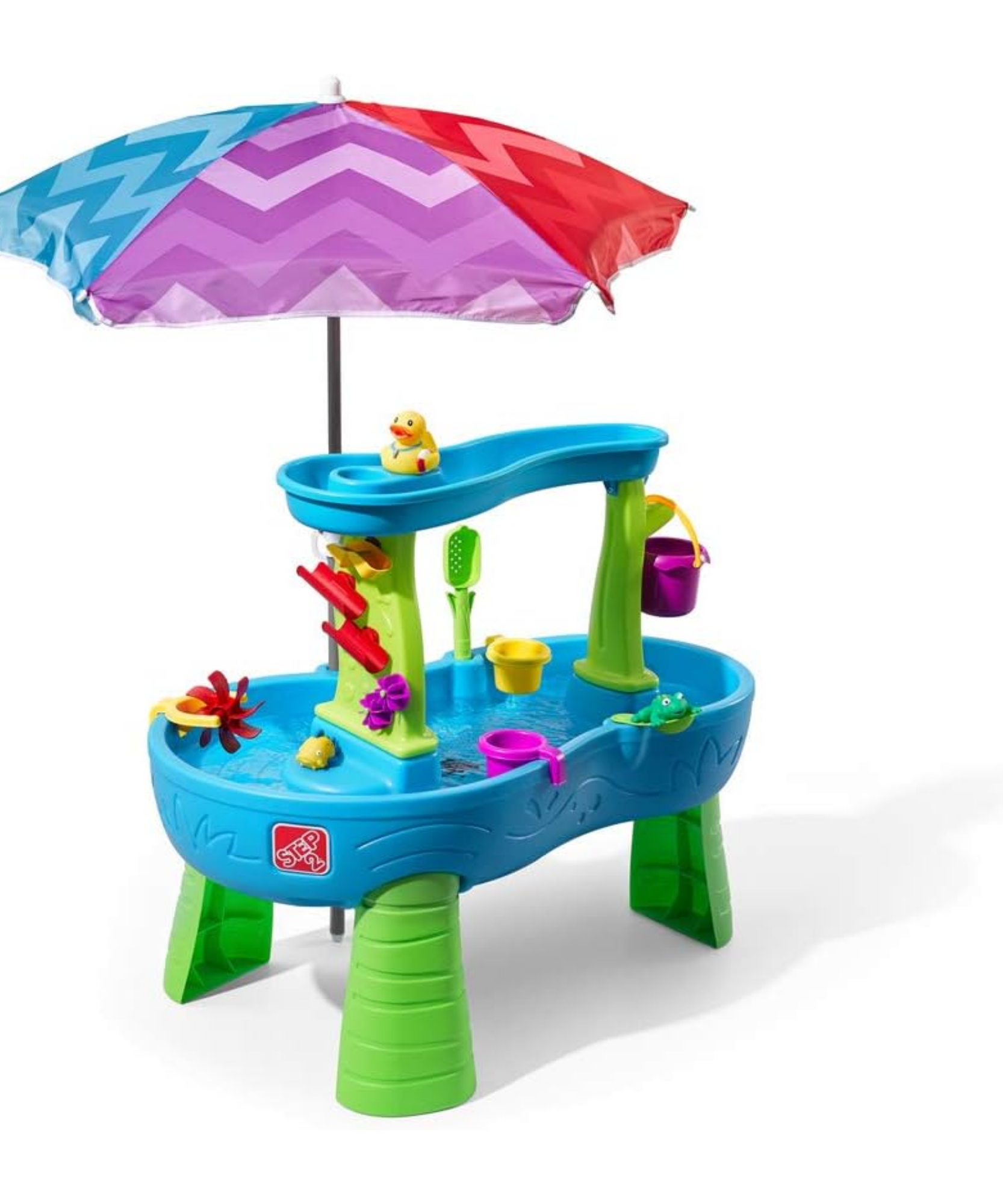 طاولة مياه ستيب 2 رين شاورز سبلاش بوند مع مظلة، طاولة مياه داخلية وخارجية، مجموعة ألعاب حسية ولعبة نشاط، جدار دش مطري، مجموعة إكسسوارات من 13 قطعة، لعبة للأطفال الصغار من عمر سنة ونصف فما فوق