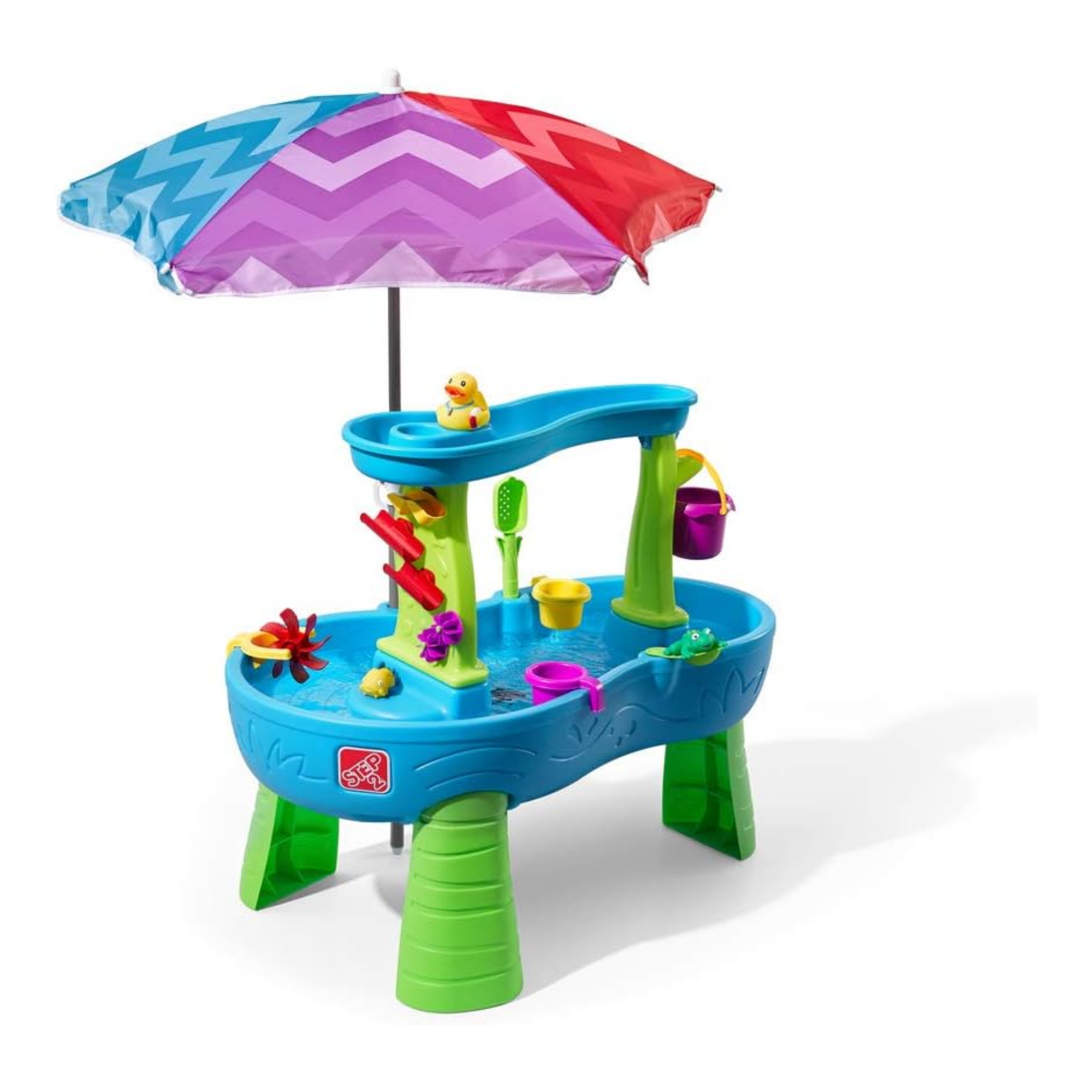 طاولة مياه ستيب 2 رين شاورز سبلاش بوند مع مظلة، طاولة مياه داخلية وخارجية، مجموعة ألعاب حسية ولعبة نشاط، جدار دش مطري، مجموعة إكسسوارات من 13 قطعة، لعبة للأطفال الصغار من عمر سنة ونصف فما فوق