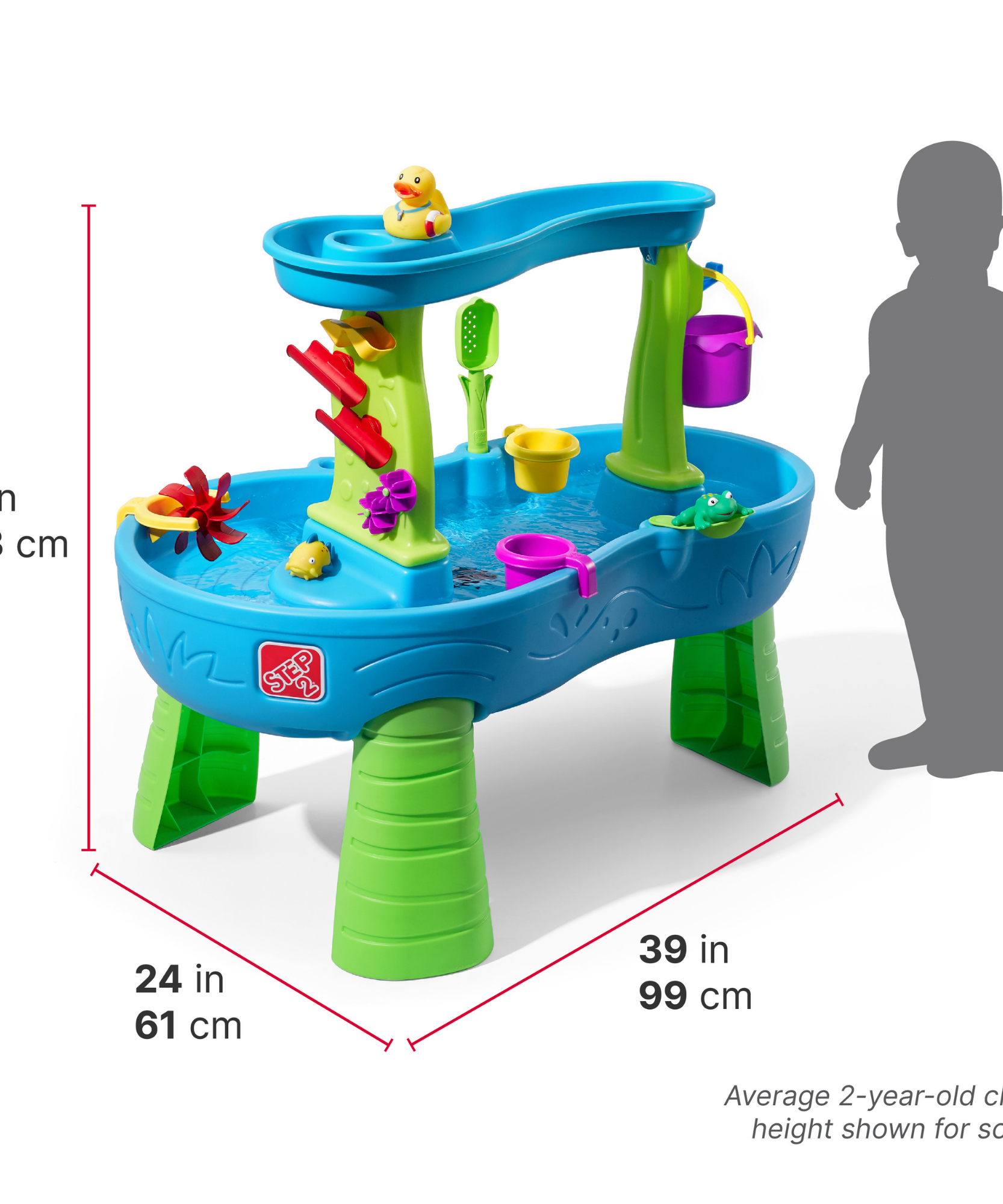 طاولة مياه ستيب 2 رين شاورز سبلاش بوند مع مظلة، طاولة مياه داخلية وخارجية، مجموعة ألعاب حسية ولعبة نشاط، جدار دش مطري، مجموعة إكسسوارات من 13 قطعة، لعبة للأطفال الصغار من عمر سنة ونصف فما فوق