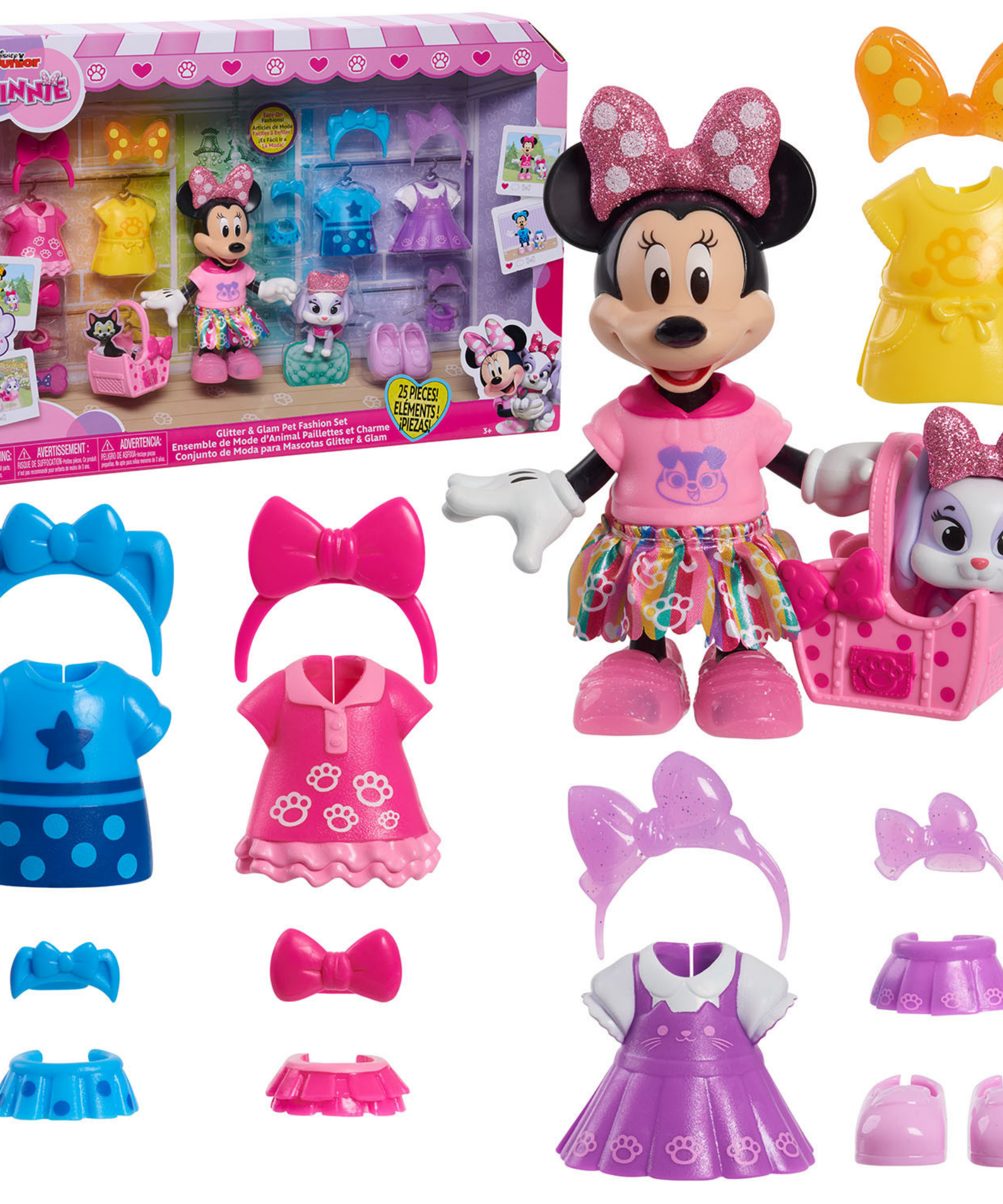 Disney Minnie Mouse Glitter and Glam Pet Fashion Set, 23-piece Doll and Accessories Set, Preschool Pretend Play Toy, Officially Licensed Kids Toy for Ages 3 & Up by Just Play
